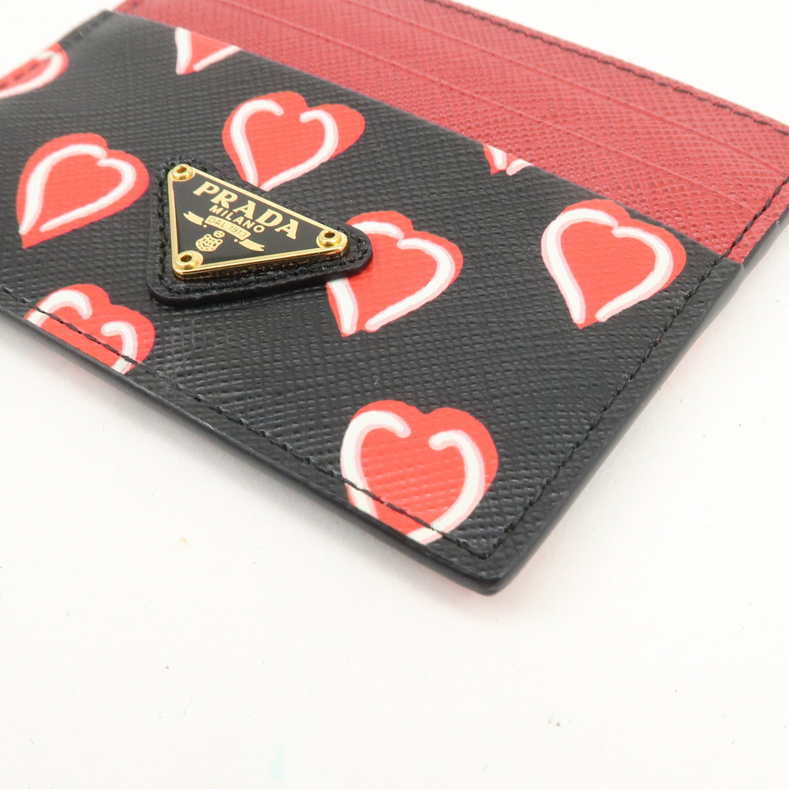 PRADA Triangle Logo Saffiano Leather Card Case Black Red 1MC025