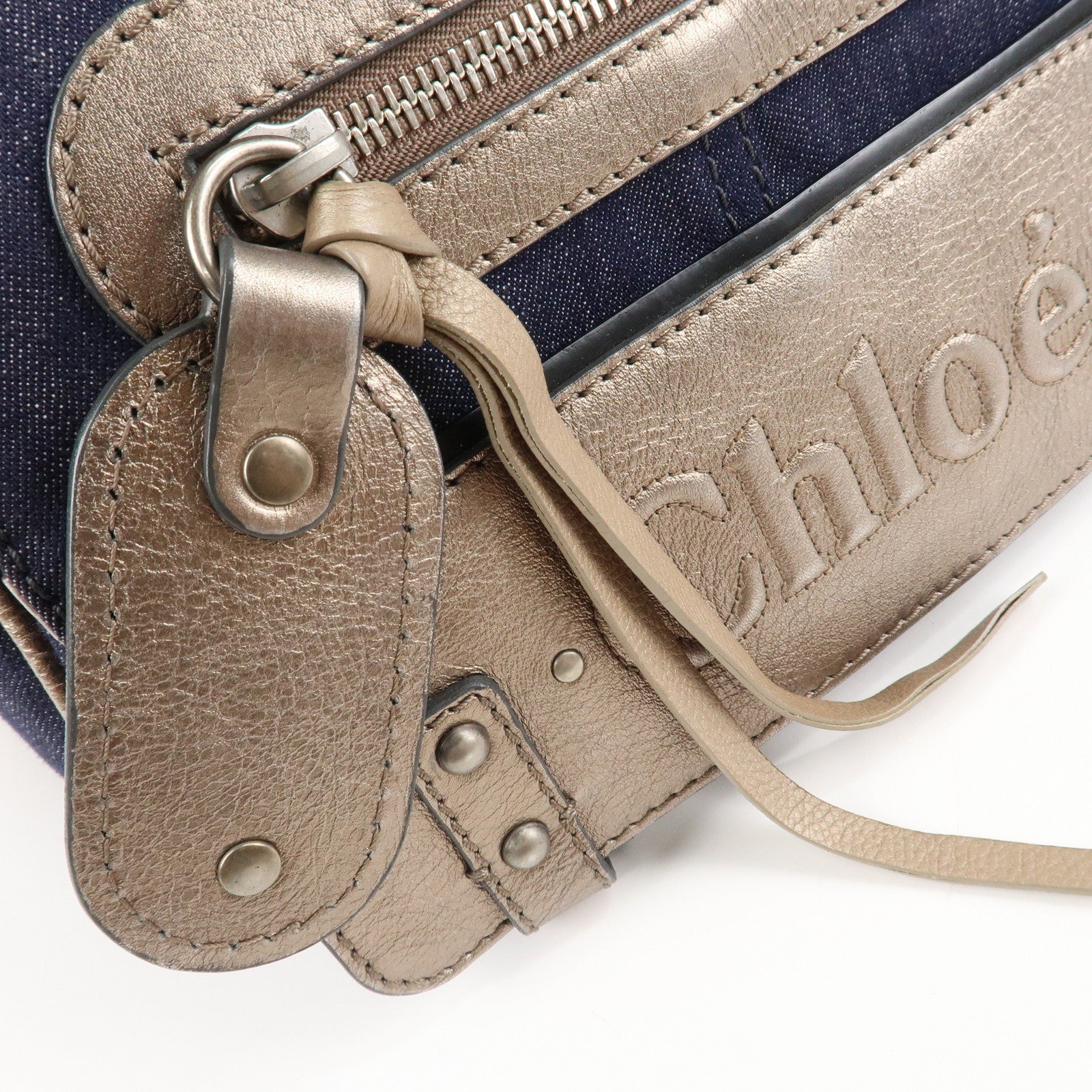 Chloe Denim Leather Shoulder Bag Crossbody Bag Indigo Blue Silver Used