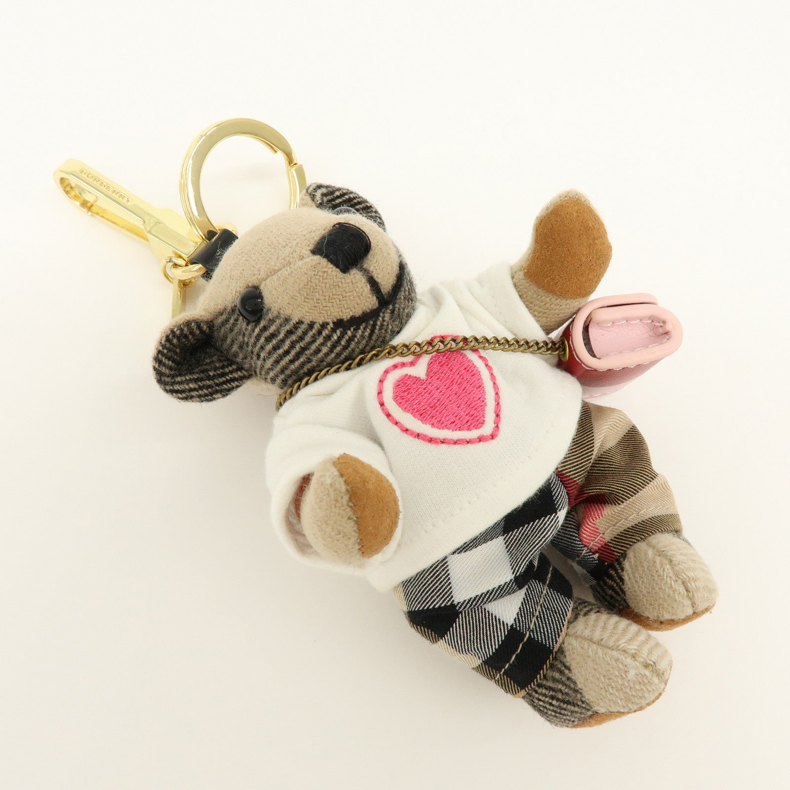 BURBERRY Nova Plaid Canvas Bear Bag Charm Key Holder Beige White