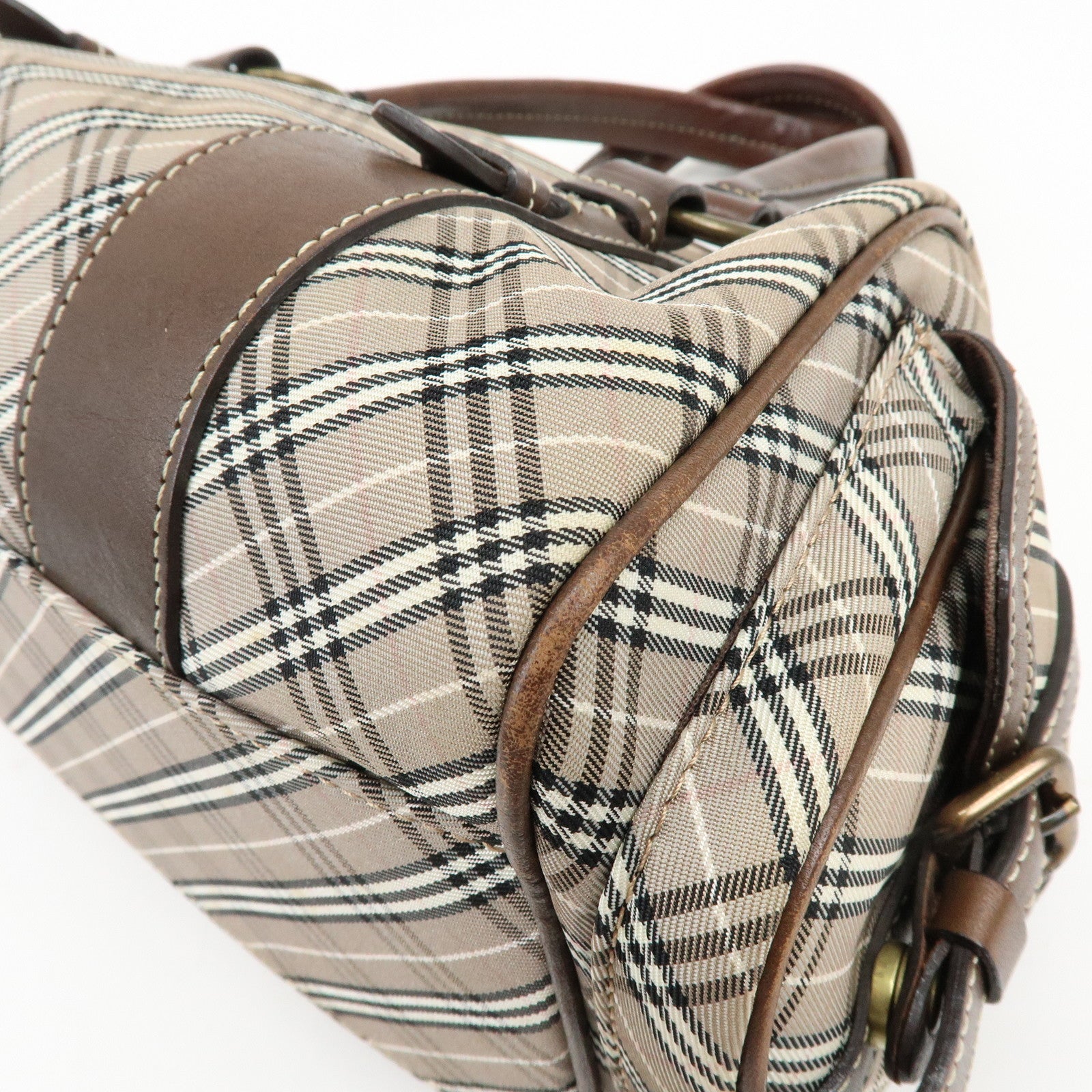 BURBERRY Blue Label Canvas Leather Plaid Hand Bag Boston Bag Brown