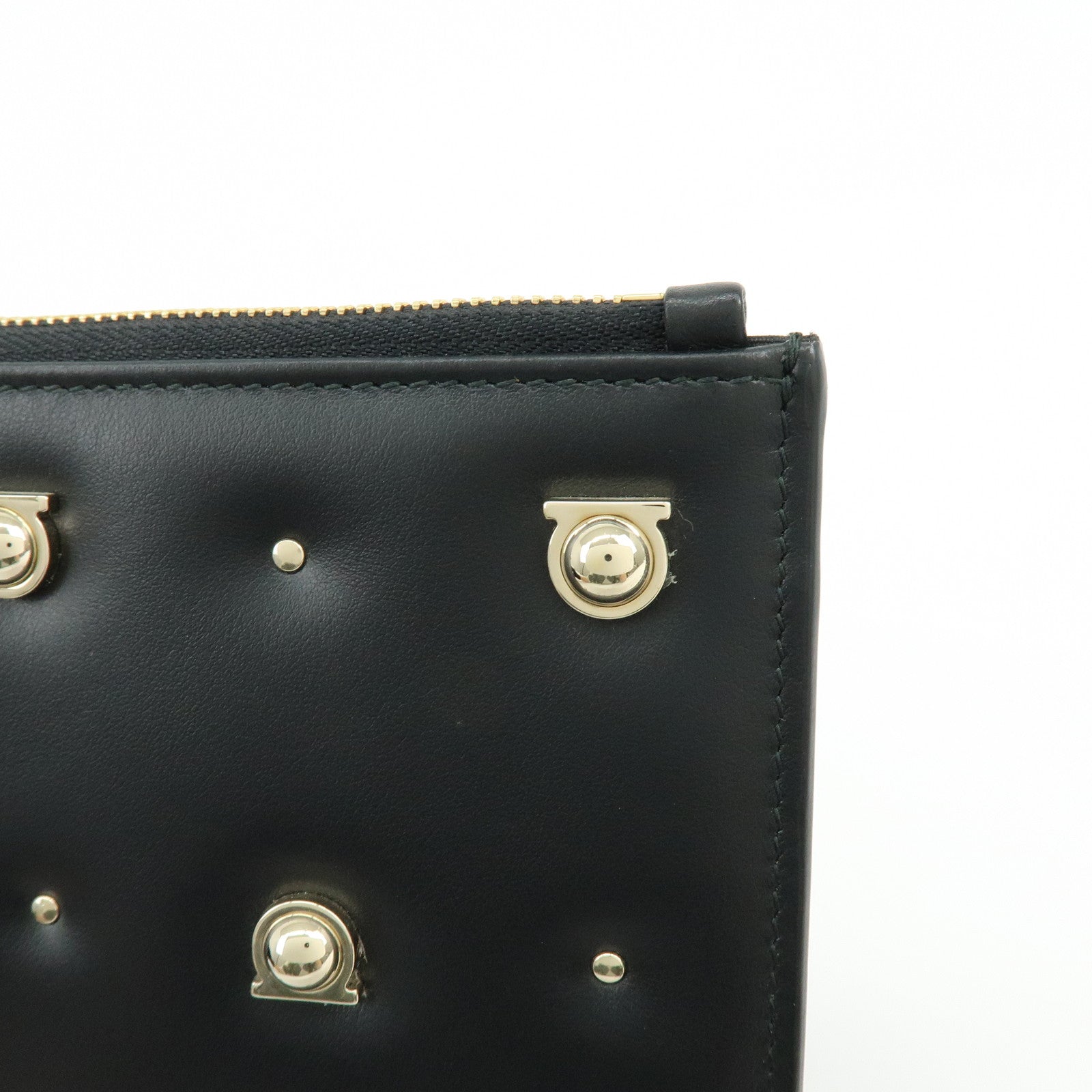 Ferragamo Gancini Leather Clutch Bag Pouch Cosmetic Bag Black