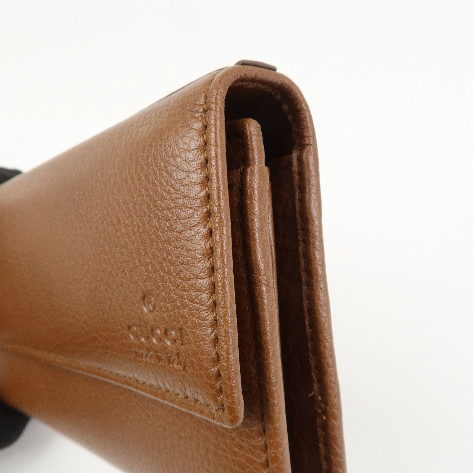 GUCCI Logo Leather Flap Long Wallet Brown 323396