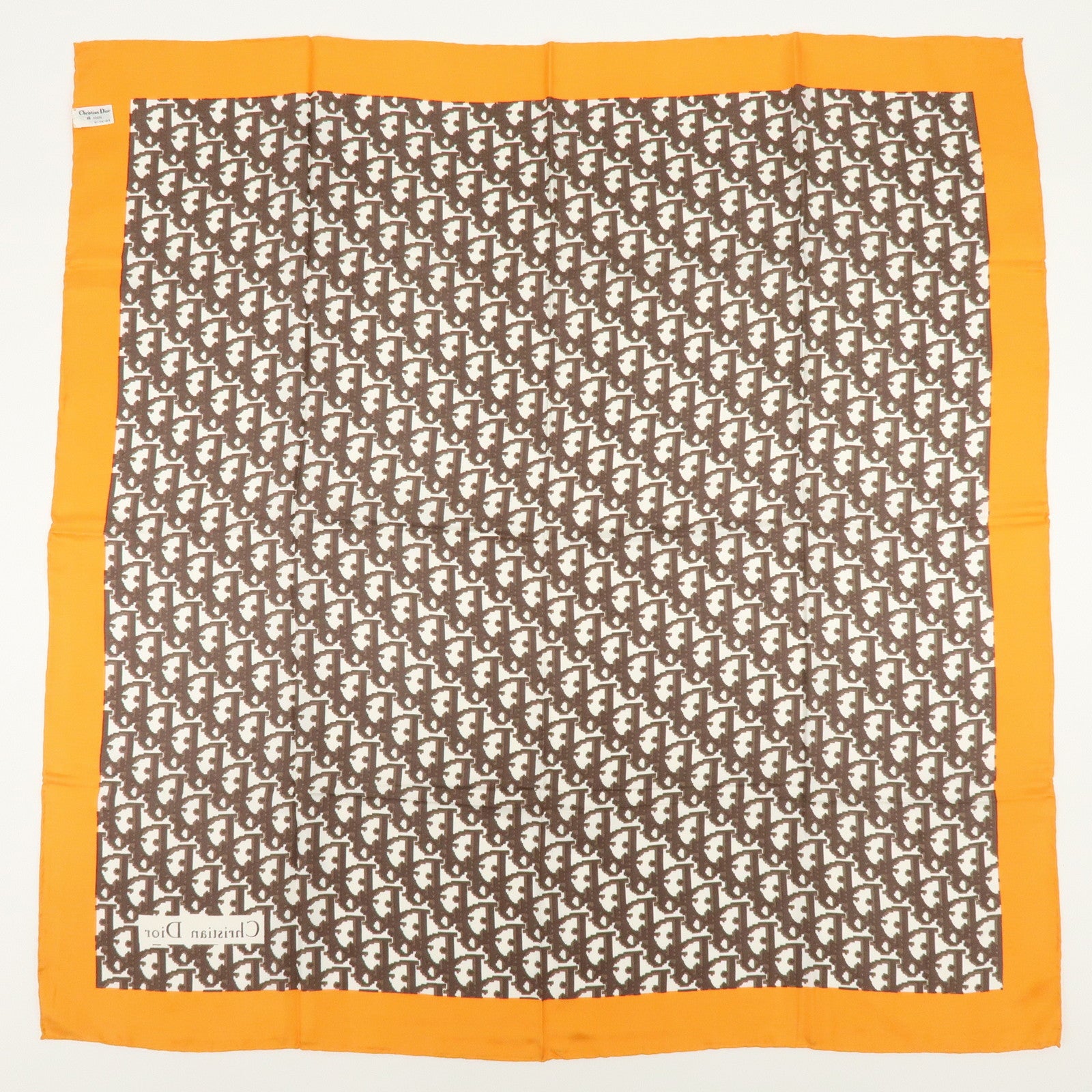 Christian Dior Trotter Silk 100% Scarf 77x77 Brown White Orange