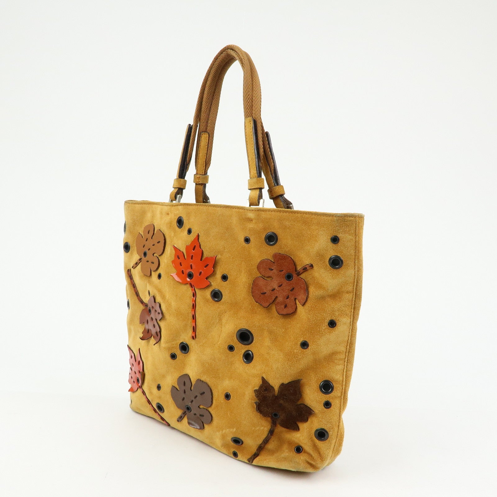 PRADA Suede Leather Hand Bag Tote Bag Maple Motif Yellow Beige