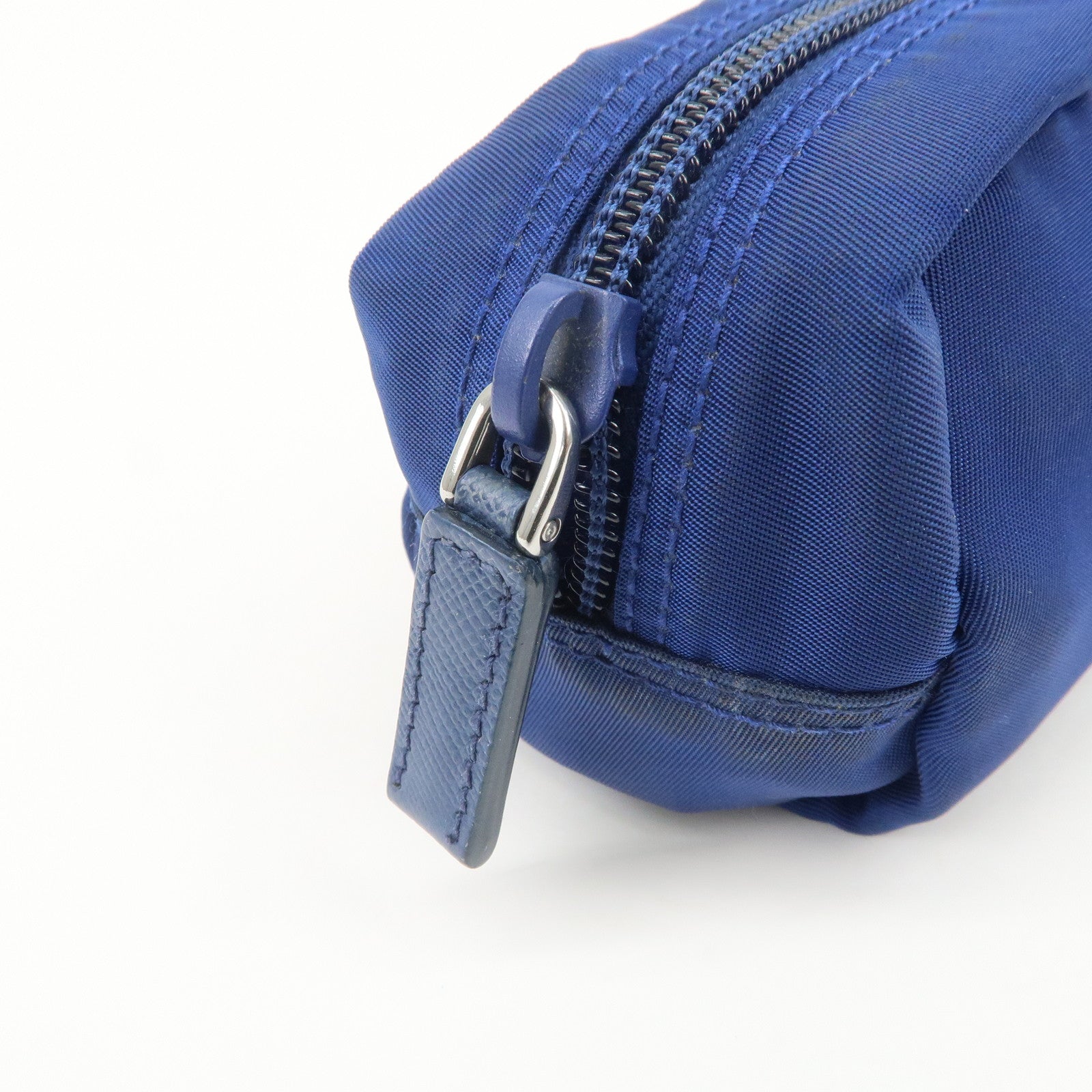 PRADA Triangle Logo Nylon Leather Cosmetic Pouch Blue 1N0175