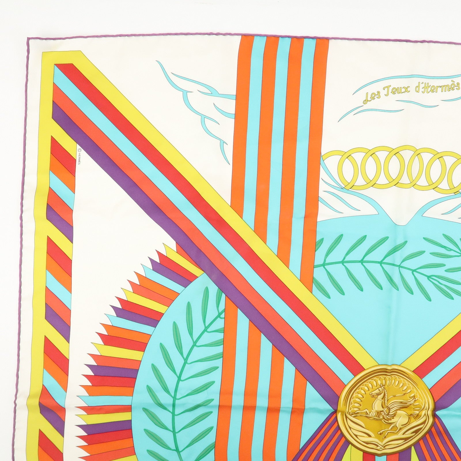 HERMES Carre 90 Silk 100% Scarf JES JEUX D'HERMES White Multicolor