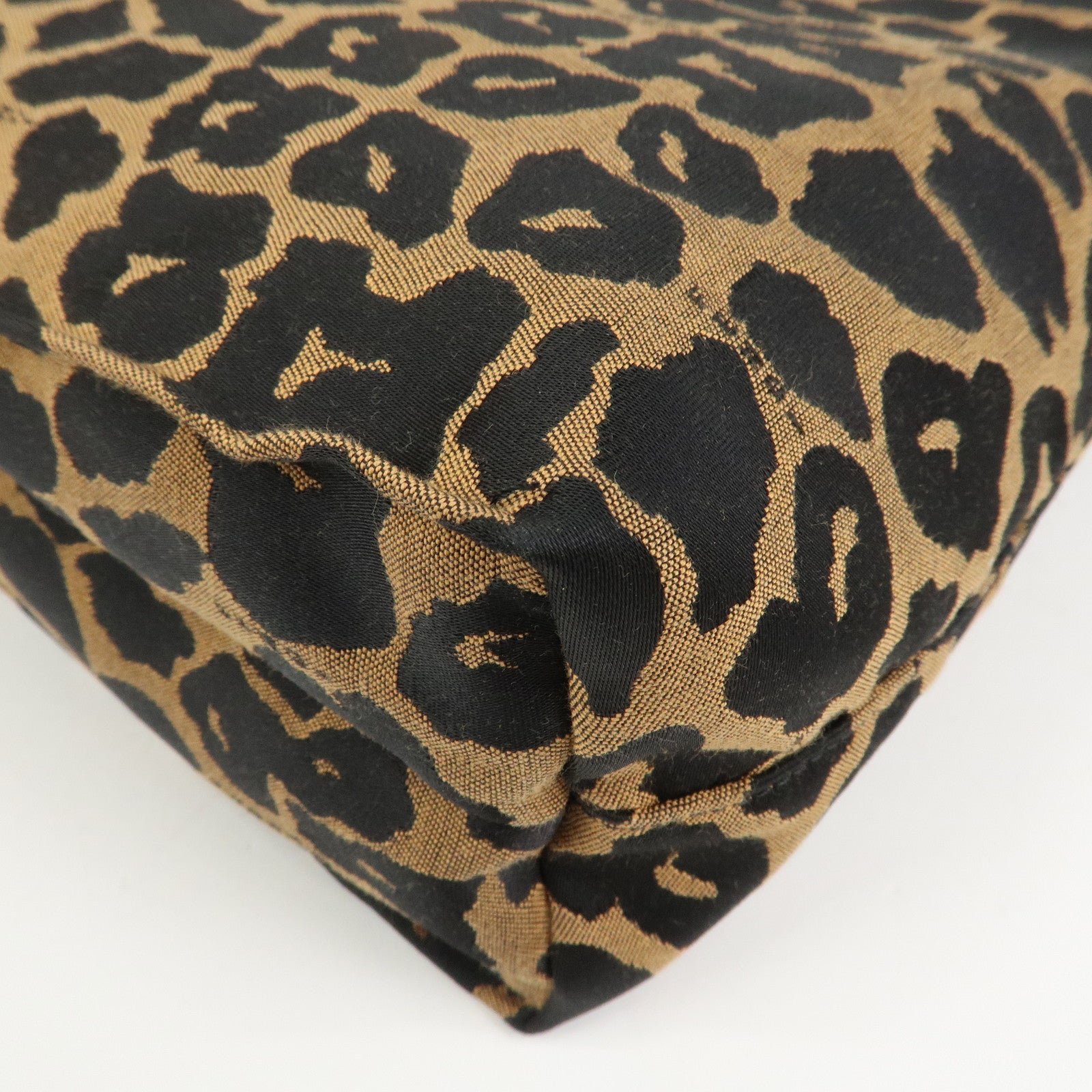 FENDI Leopard Canvas Leather Tote Bag Hand Bag Brown Black 8BH173