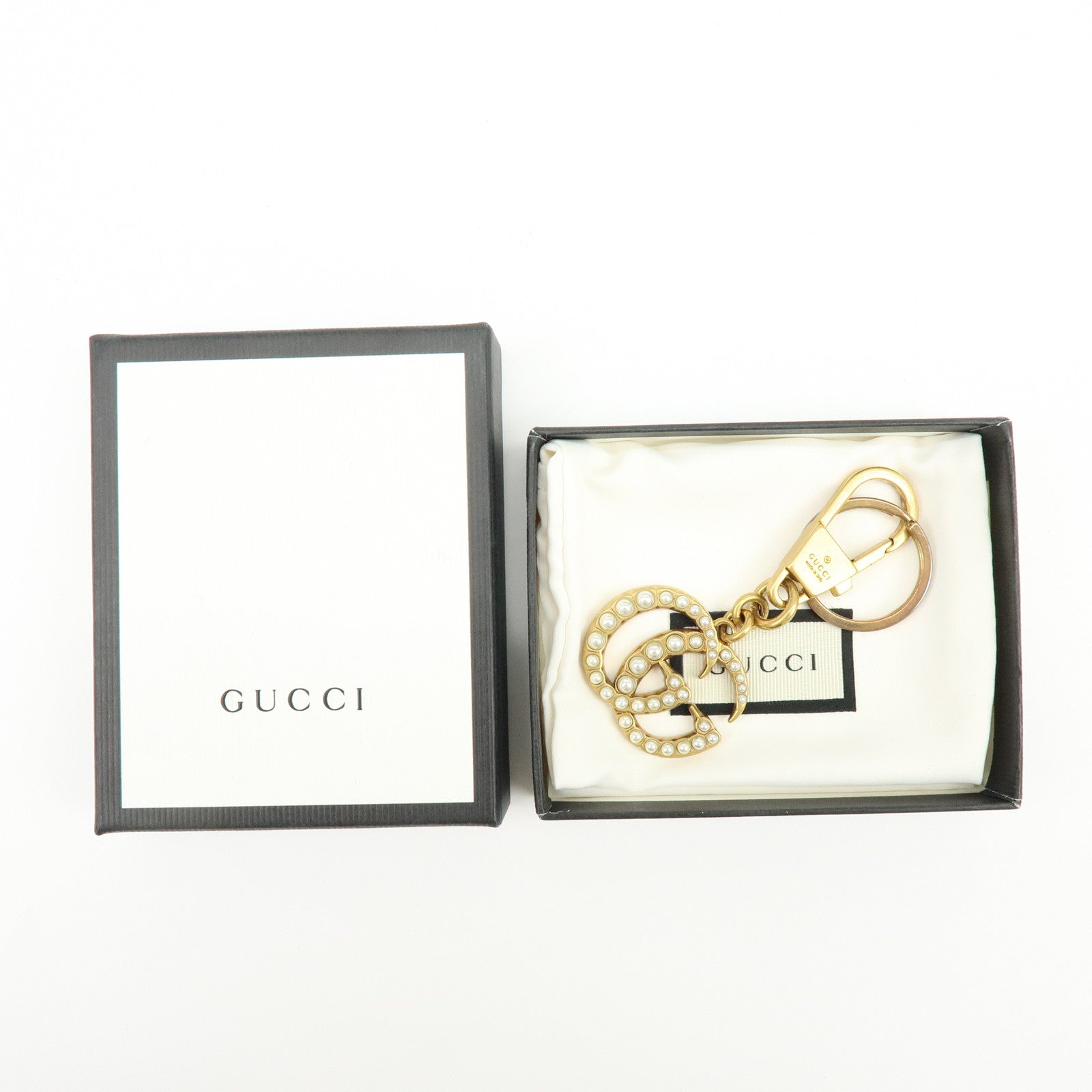 GUCCI GG Marmont Double G Metal Faux Pearl Bag Charm Gold 476428