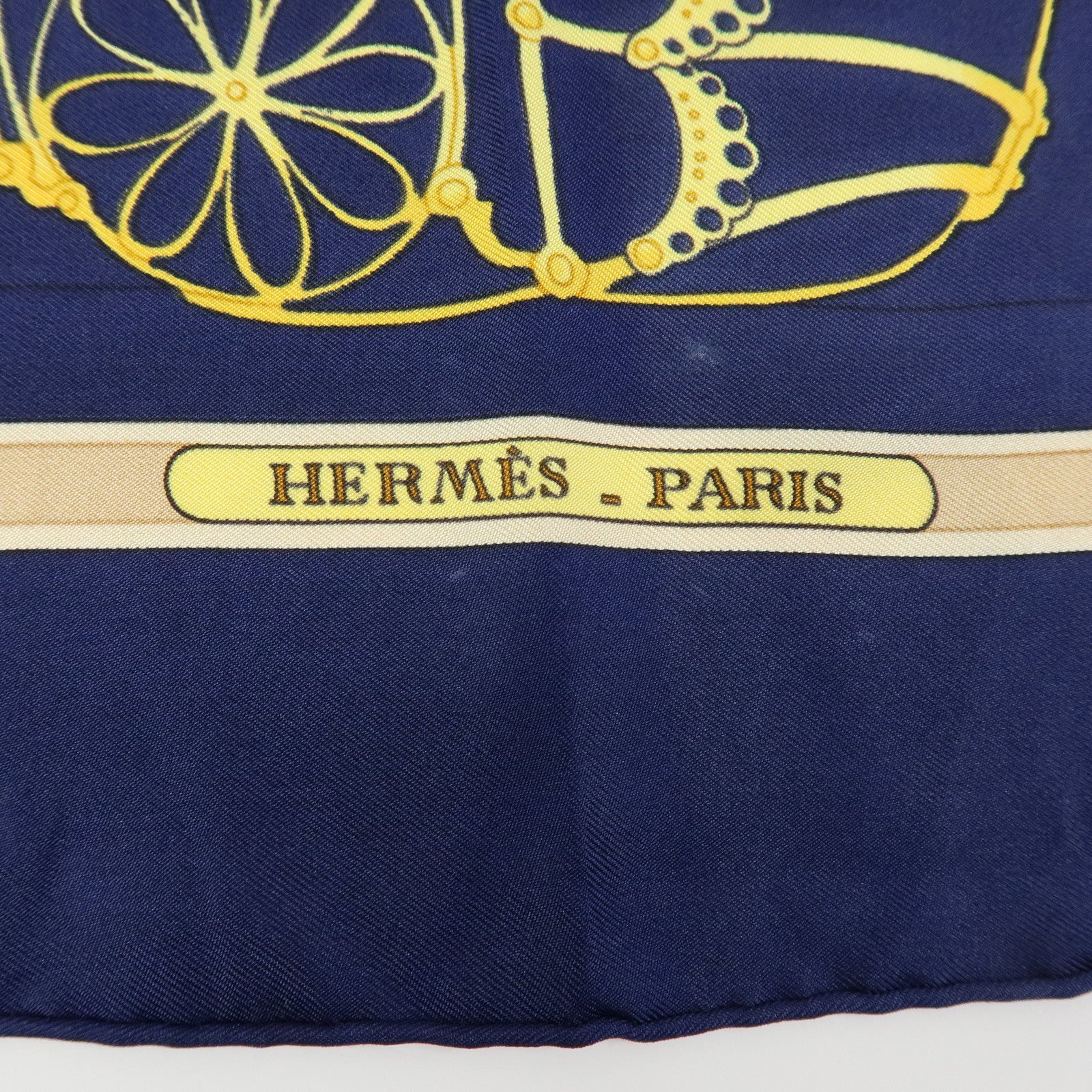 HERMES Carre 90 Silk 100% Scarf LES MUSEROLLES Navy Yellow