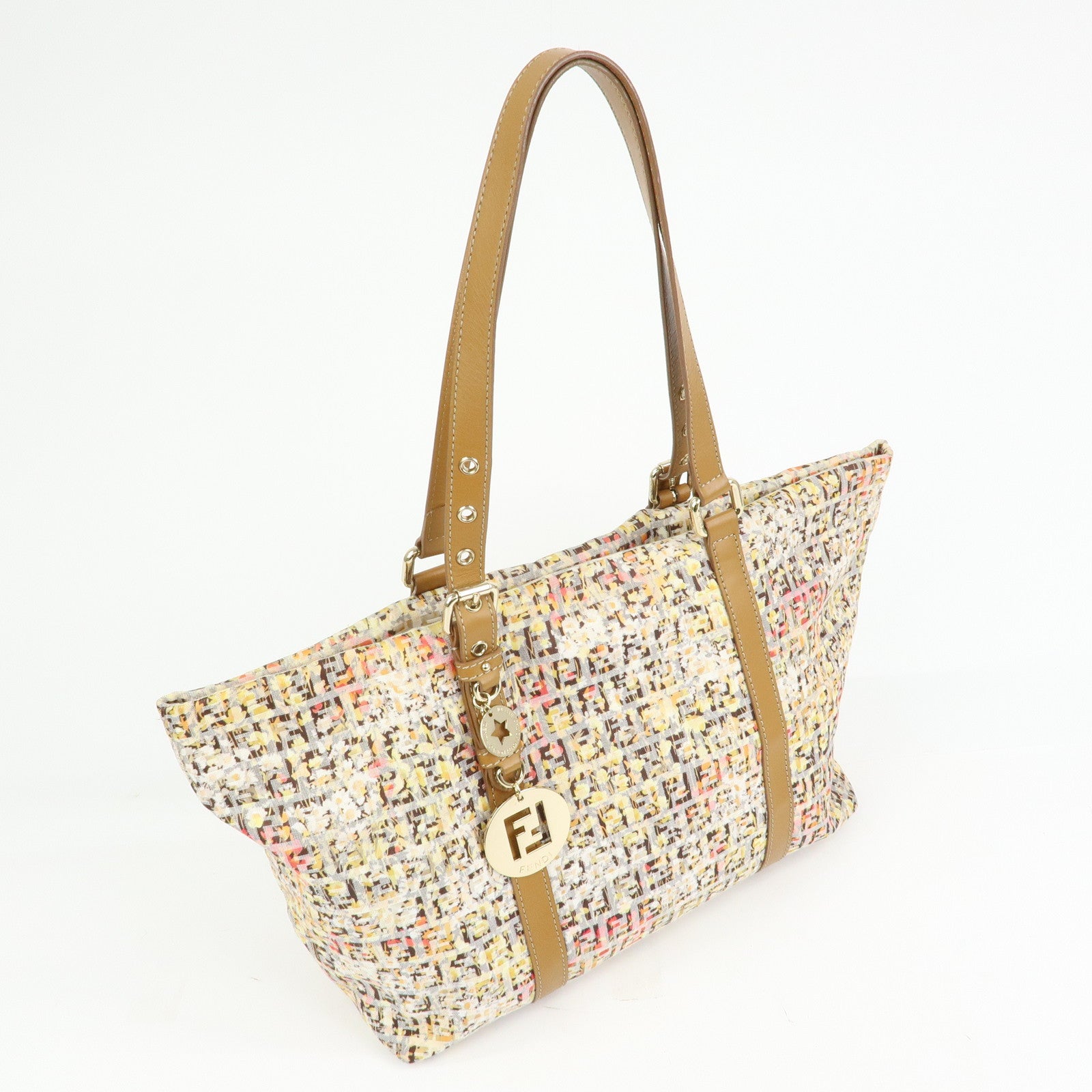 FENDI Zucchino Canvas Leather Flower Print Tote Bag Hand Bag 8BH215