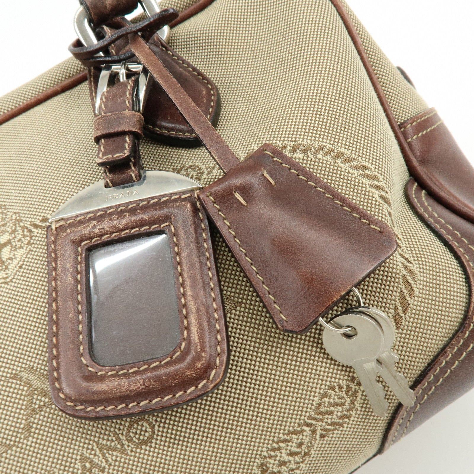 PRADA Leather Logo Jacquard Tote Bag Hand Bag Beige Brown