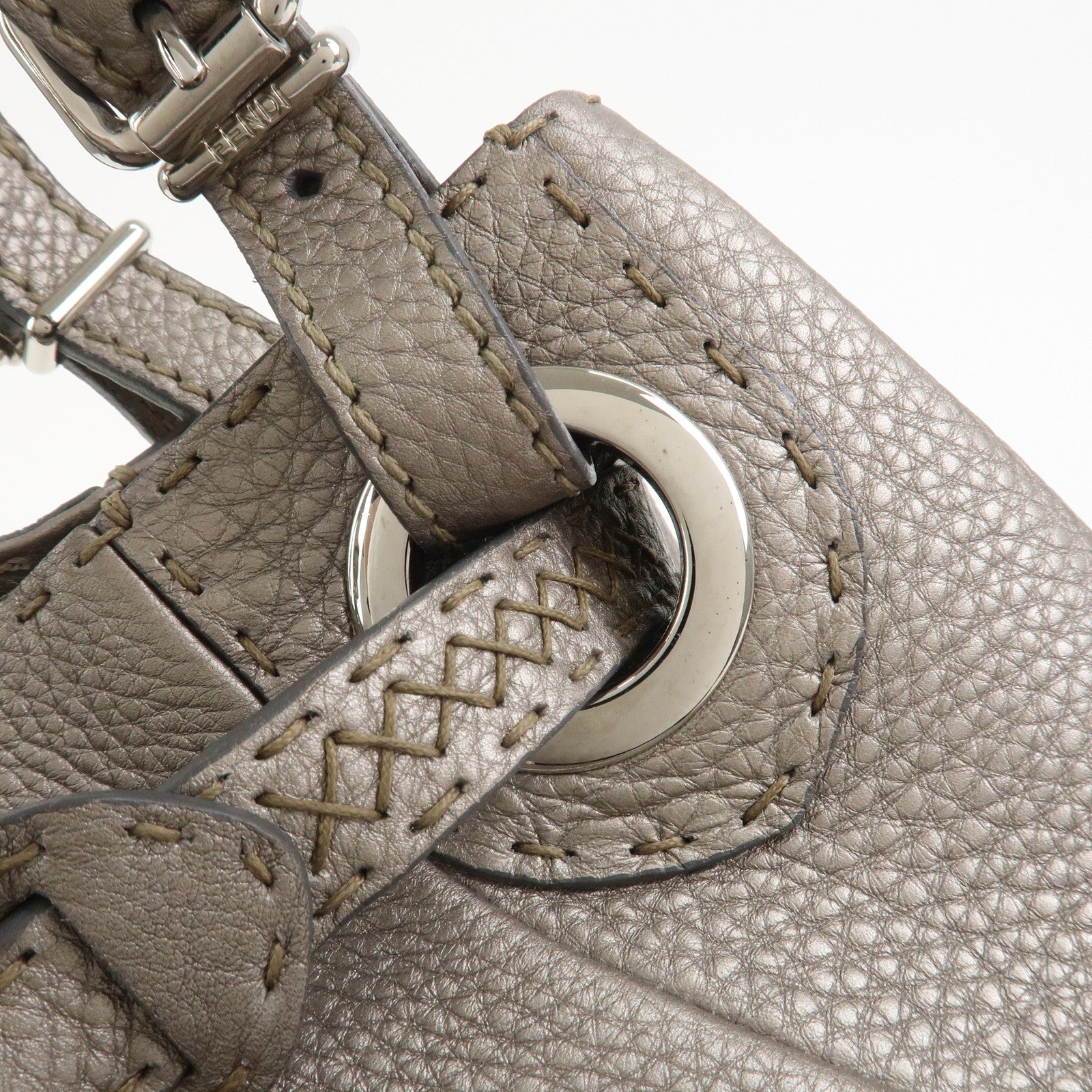 FENDI Selleria Leather Hand Bag Shoulder Bag Silver 8BR595