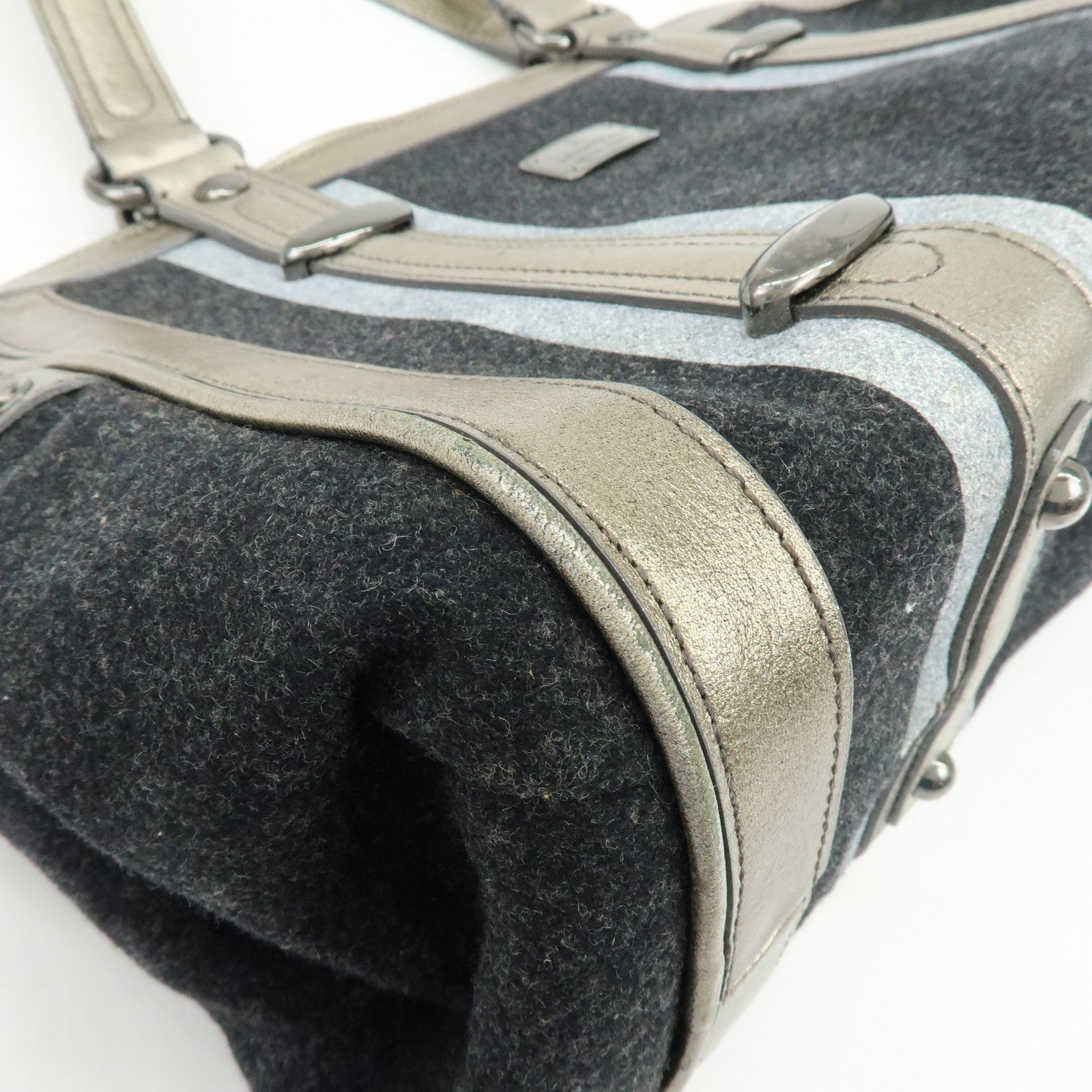 BURBERRY Blue Label Wool Leather Tote Bag Shoulder Bag Black Gold