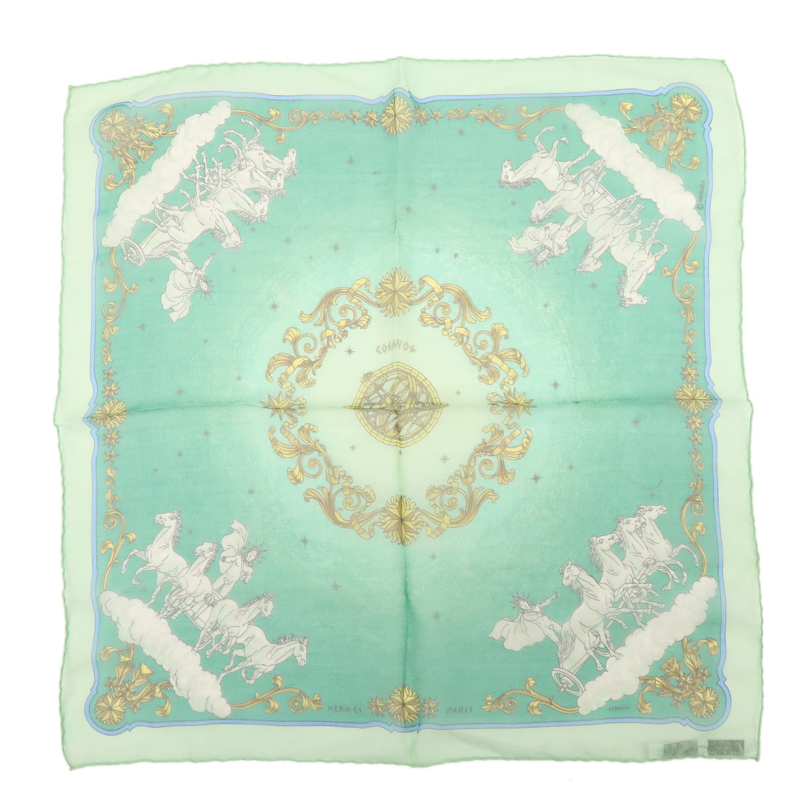 HERMES Carre 40 Silk Scarf COSMOS Horse-drawn Carriage Motif Green
