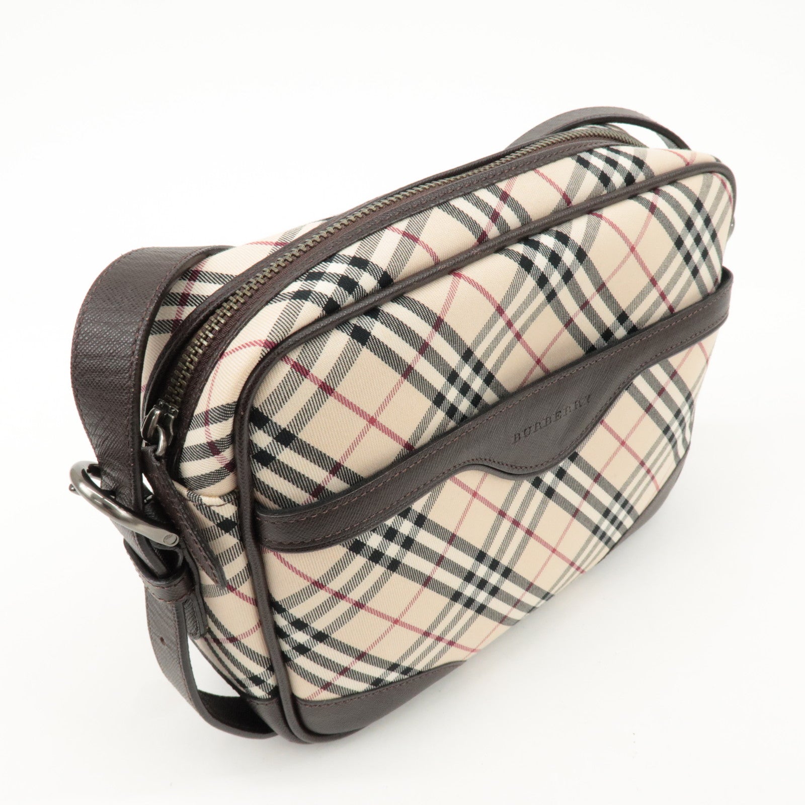 BURBERRY Canvas Leather Shoulder Bag Nova Plaid Beige Brown Used