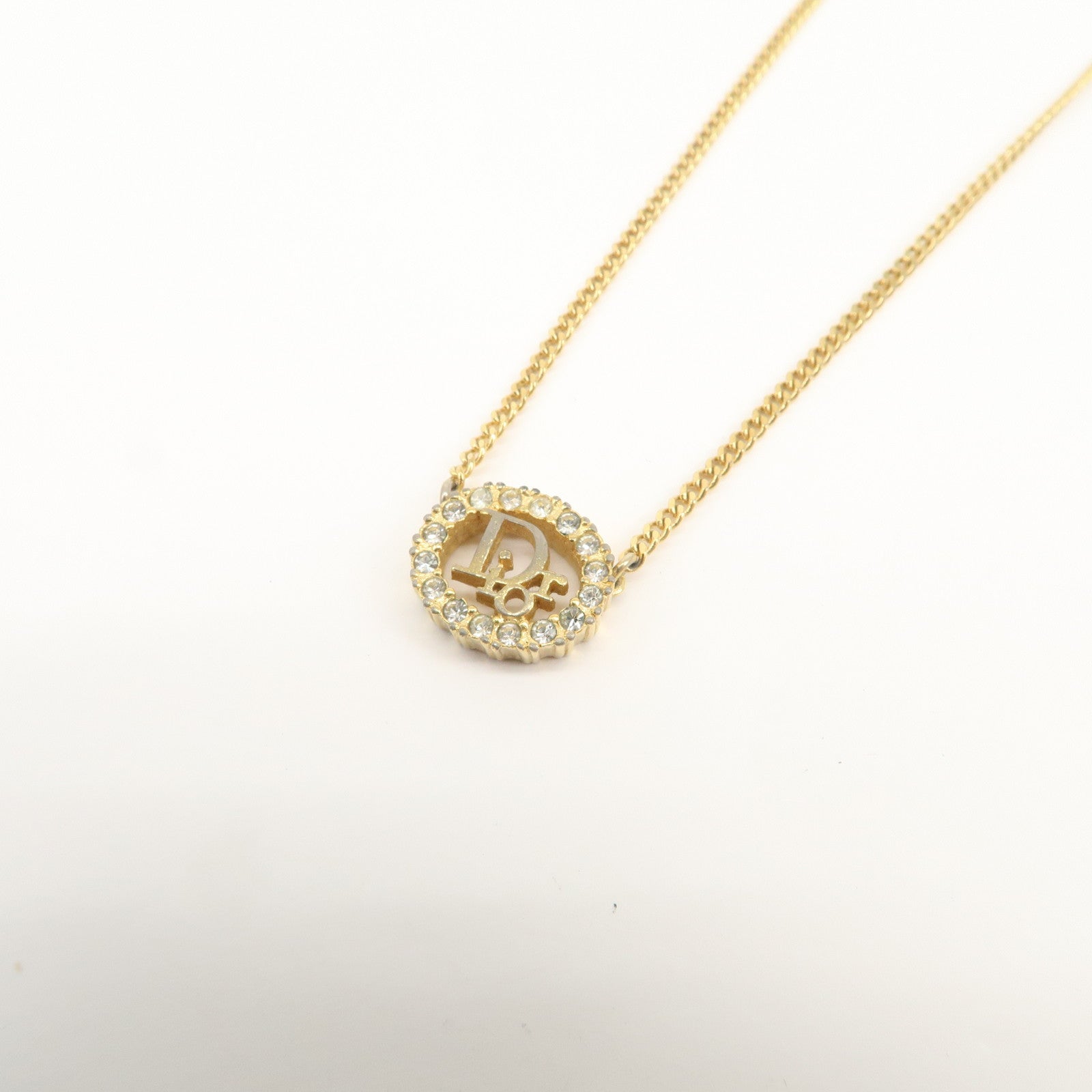 Christian Dior Logo Metal Rhinestone Necklace Gold