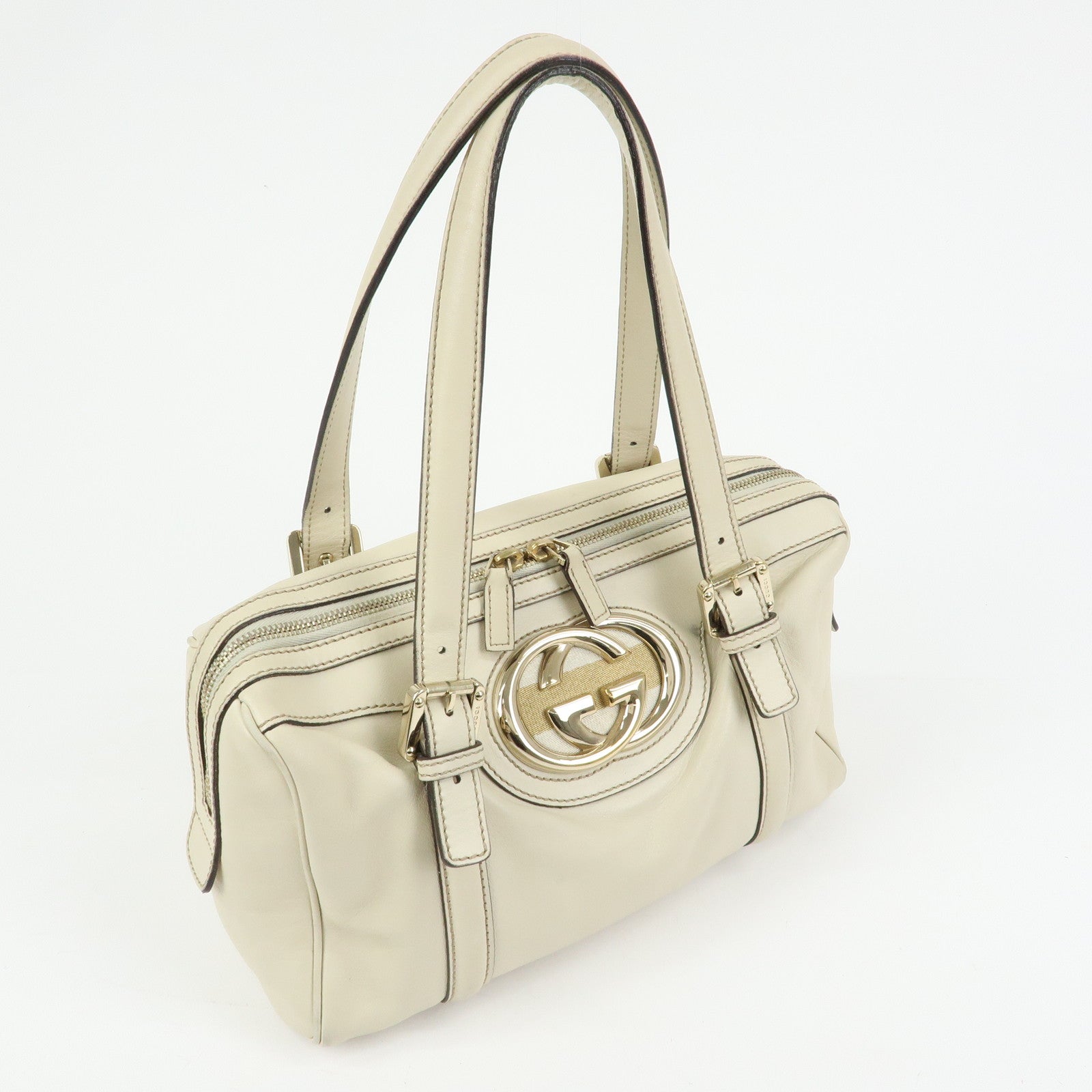 GUCCI Interlocking G Sherry Leather Boston Hand Bag Ivory 170009