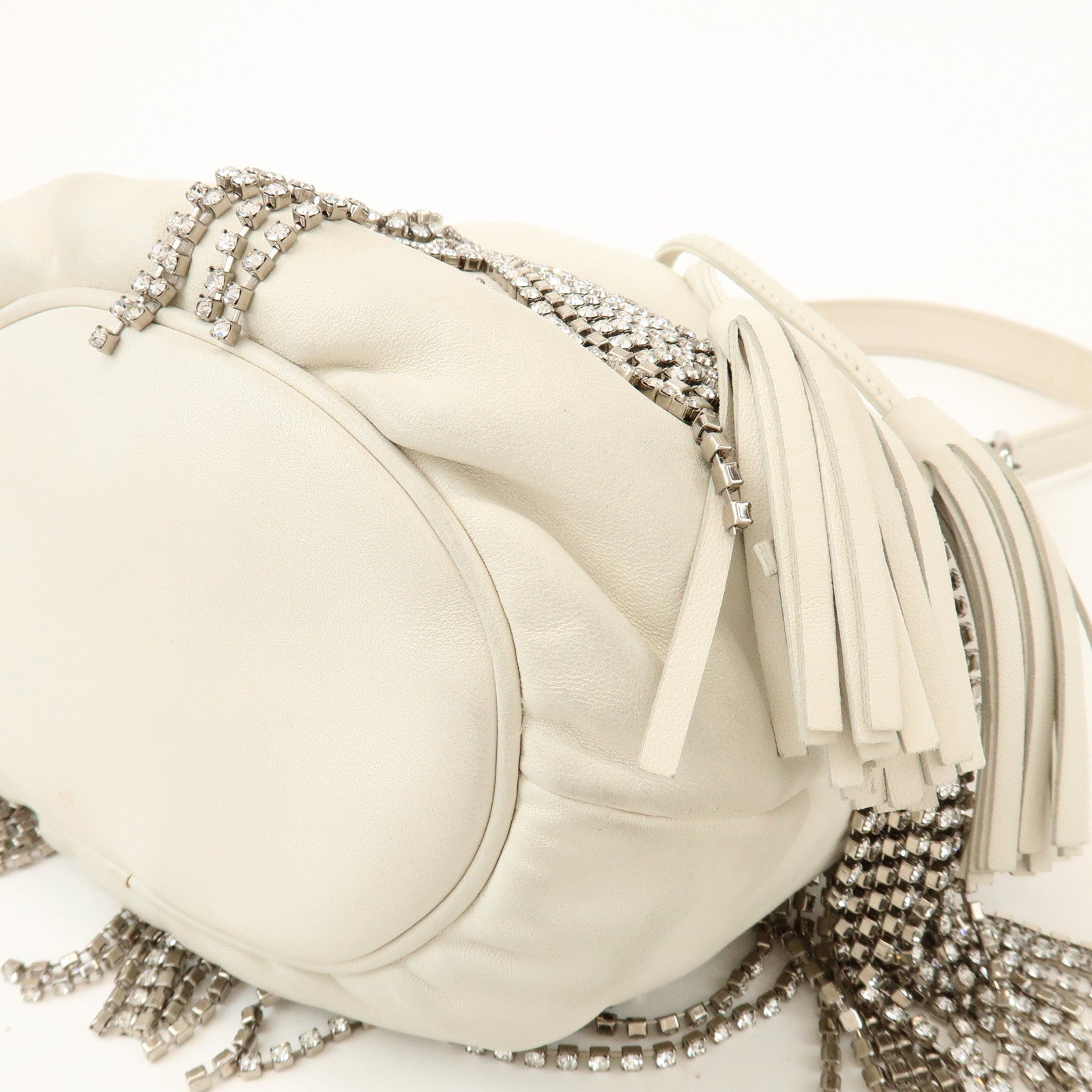 MIU MIU Logo Nappa Leather Strass Fringe 2Way Bag White 5BE014
