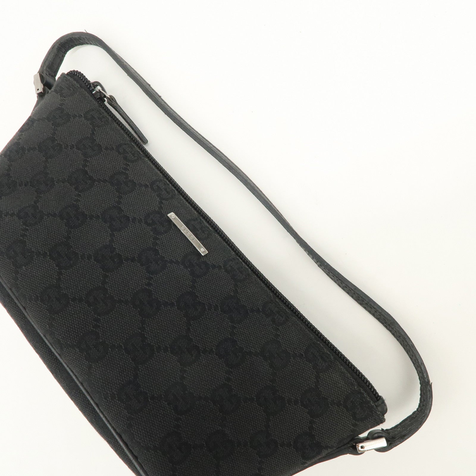 GUCCI Logo GG Canvas Leather Boat Bag Hand Bag Black 07198