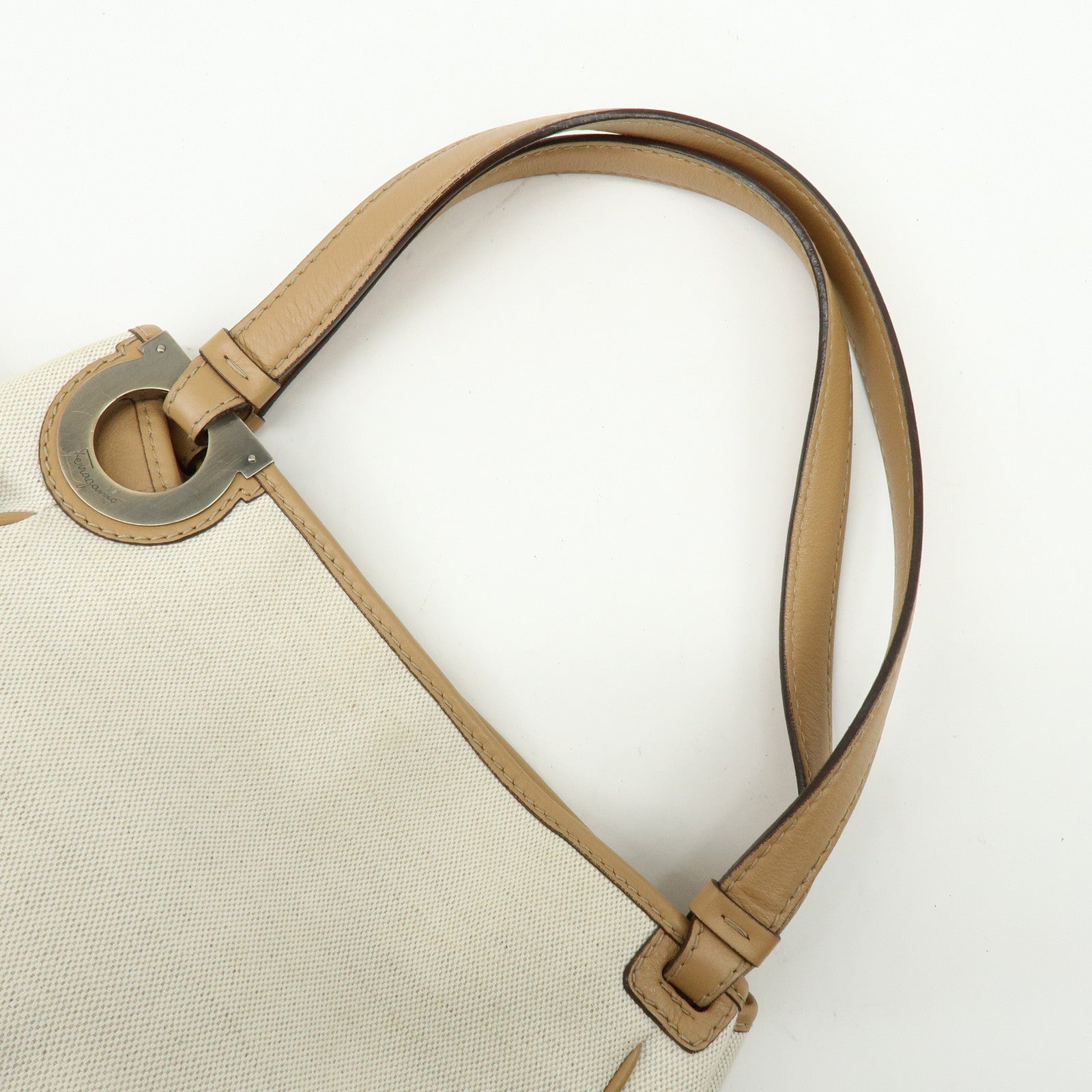 Ferragamo Gancini Canvas Leather Tote Bag Shoulder Bag Natural