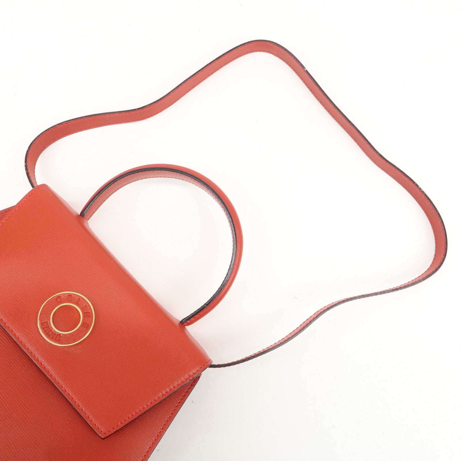 CELINE Logo Leather 2Way Bag Hand Bag Shoulder Bag Red Gold