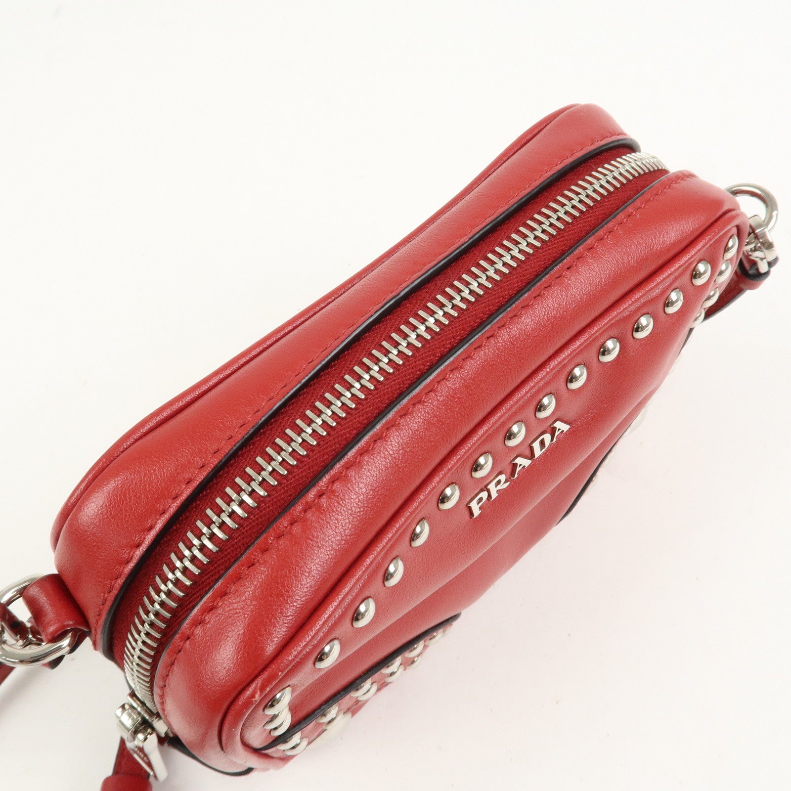 PRADA Logo Leather Mini Shoulder Bag Camera Bag Studs Red 1N1674