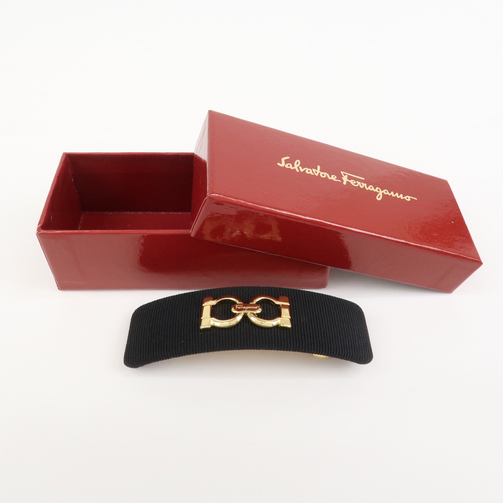Ferragamo Gancini Logo Canvas Barrette Hair Clip Black Gold