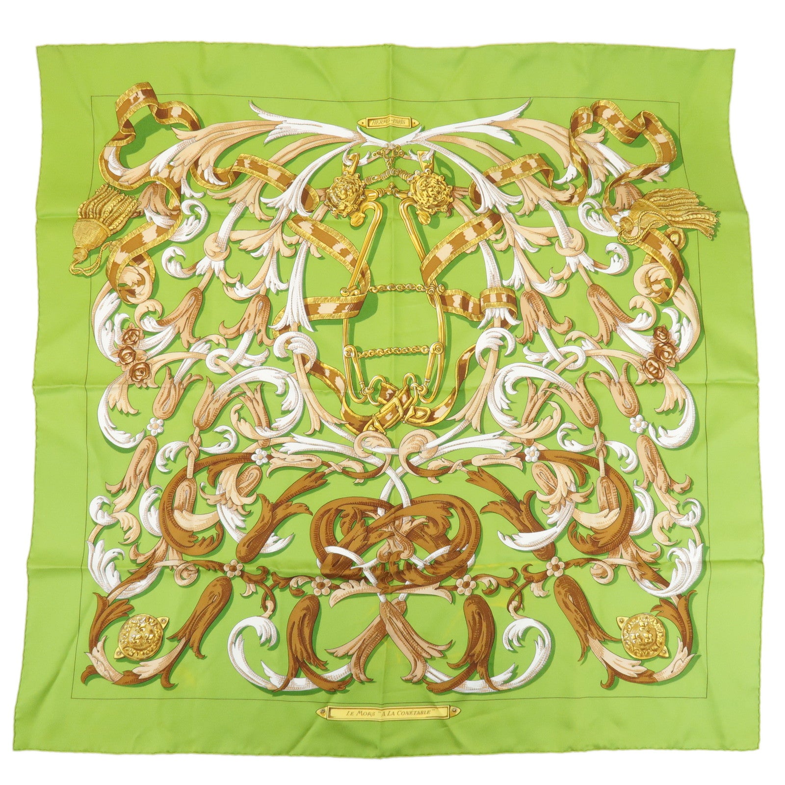 HERMES Carre 90 Silk 100% LE MORS A LA CONTETABLE Scarf Green Used