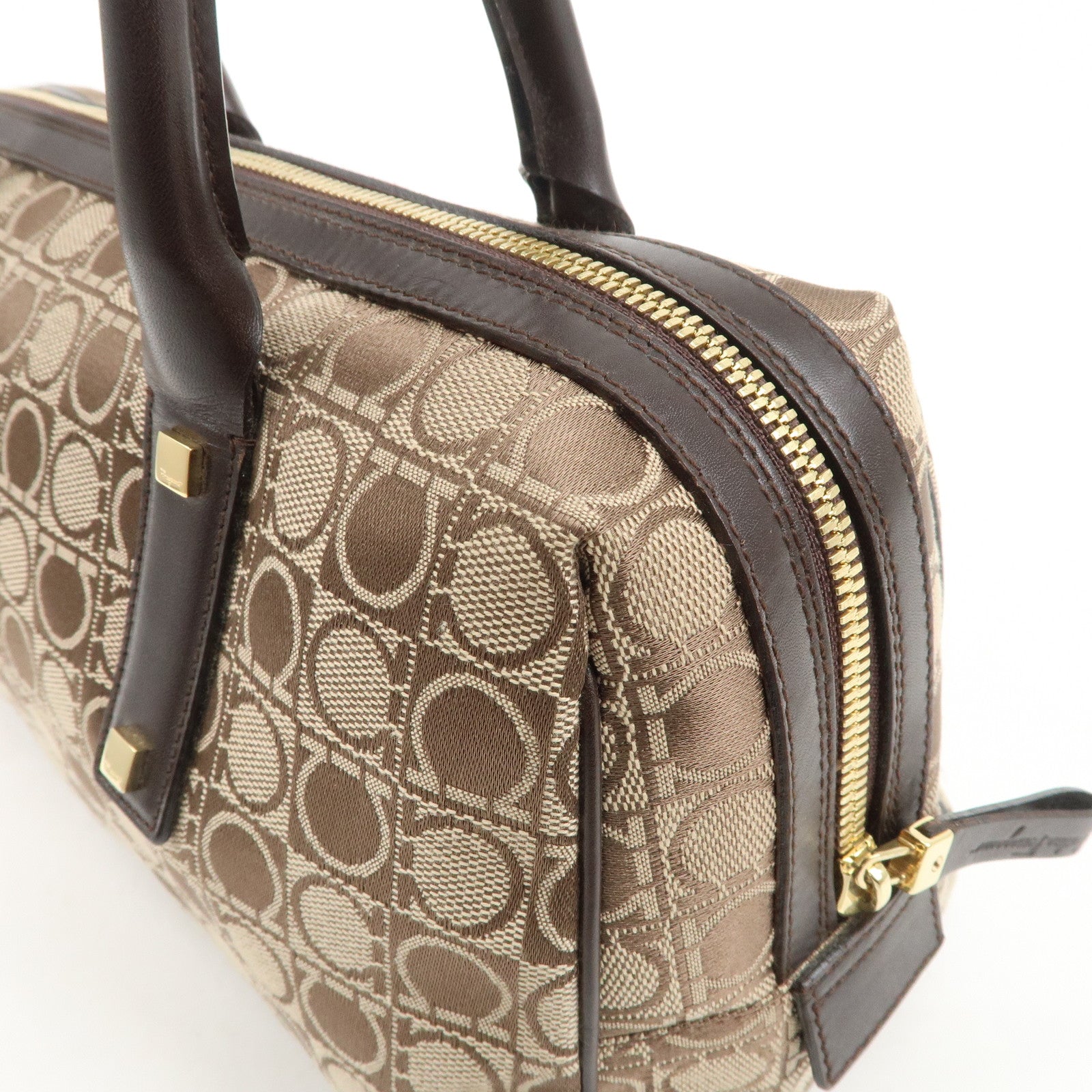 Ferragamo Gancini Leather Canvas Shoulder Bag Hand Bag Beige Brown