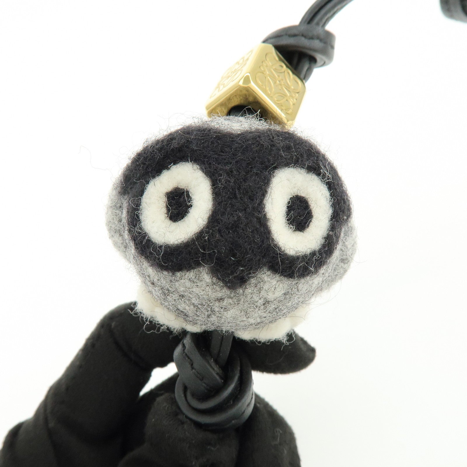 LOEWE Owl Motif Felt Calf Leather Bag Charm Key Holder Gray Black