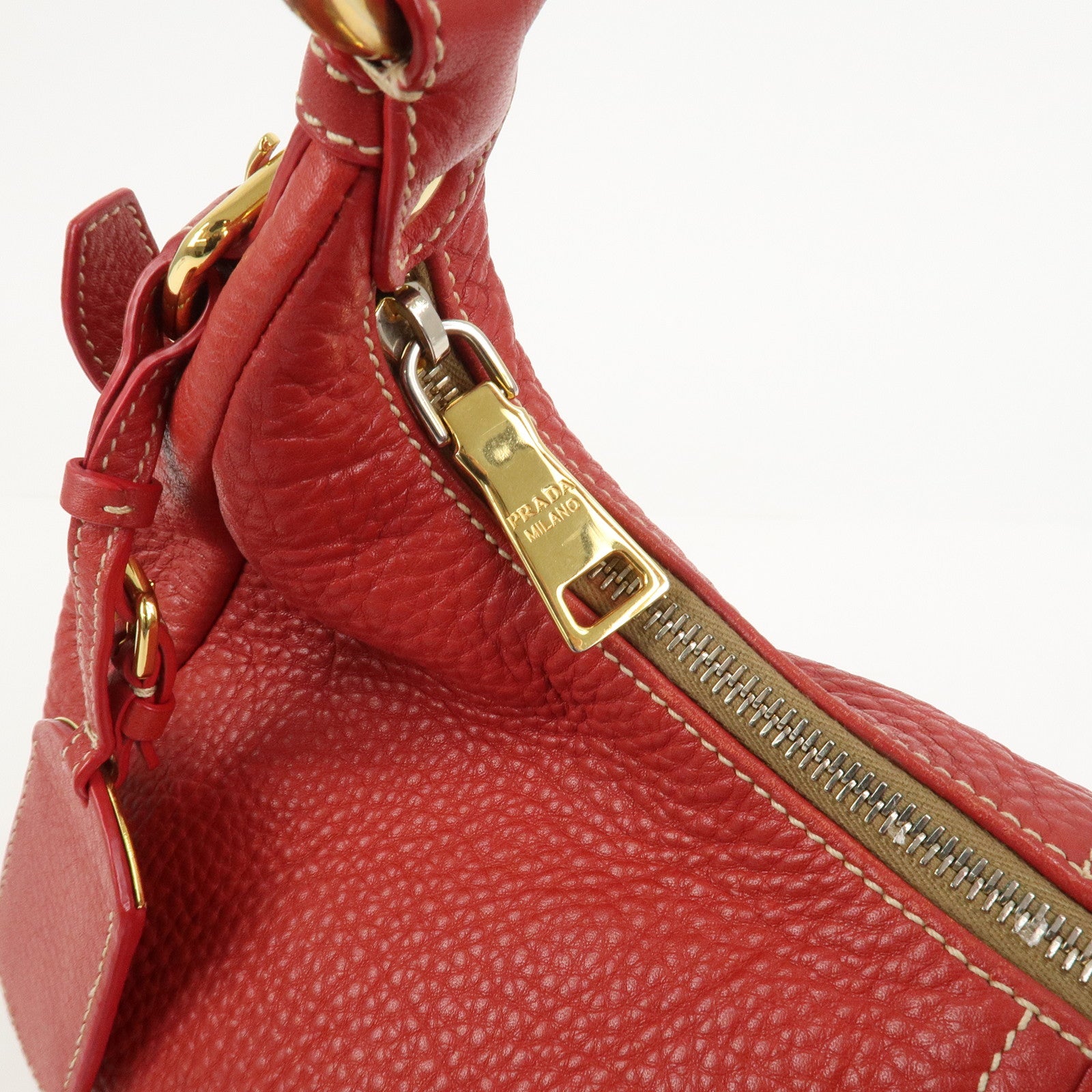 PRADA Logo Leather Shoulder Bag Hand Bag Red BR4373