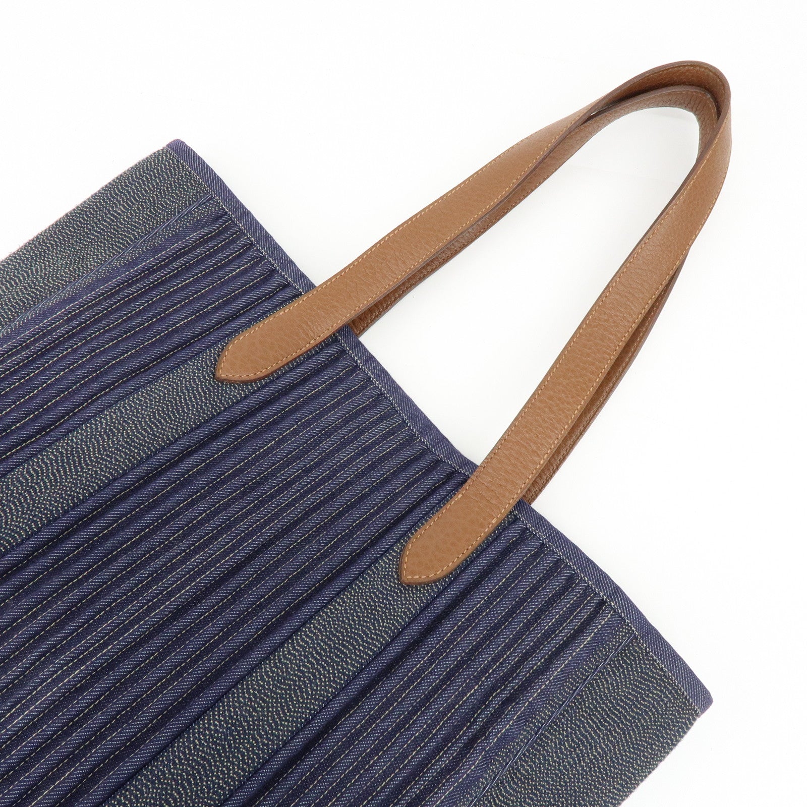 HERMES Calicut Canvas Leather Tote Bag L Stamped Navy Brown