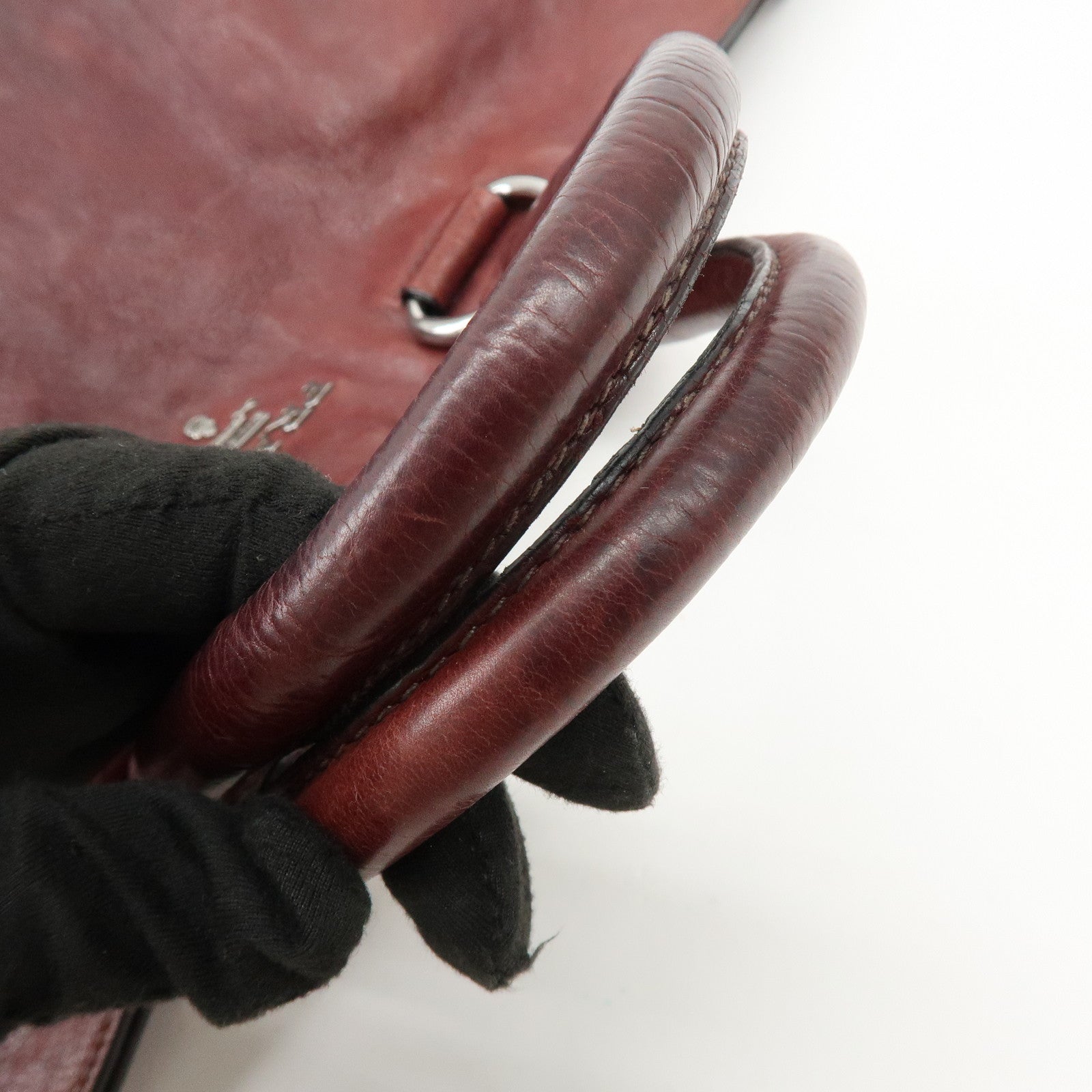 PRADA Triangle Logo Gradation Leather Tote Bag Hand Bag Bordeaux