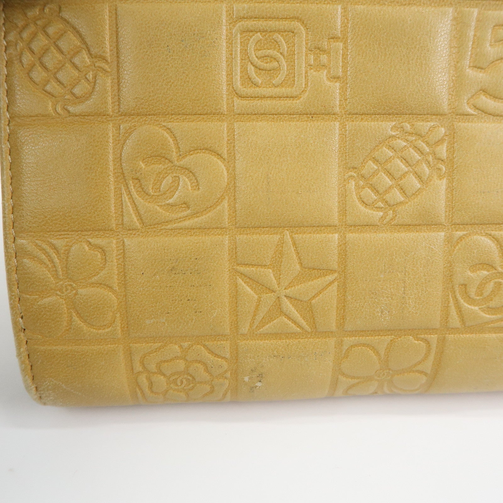 CHANEL Chocolate Bar Lamb Skin Long Wallet Yellow Beige A82281