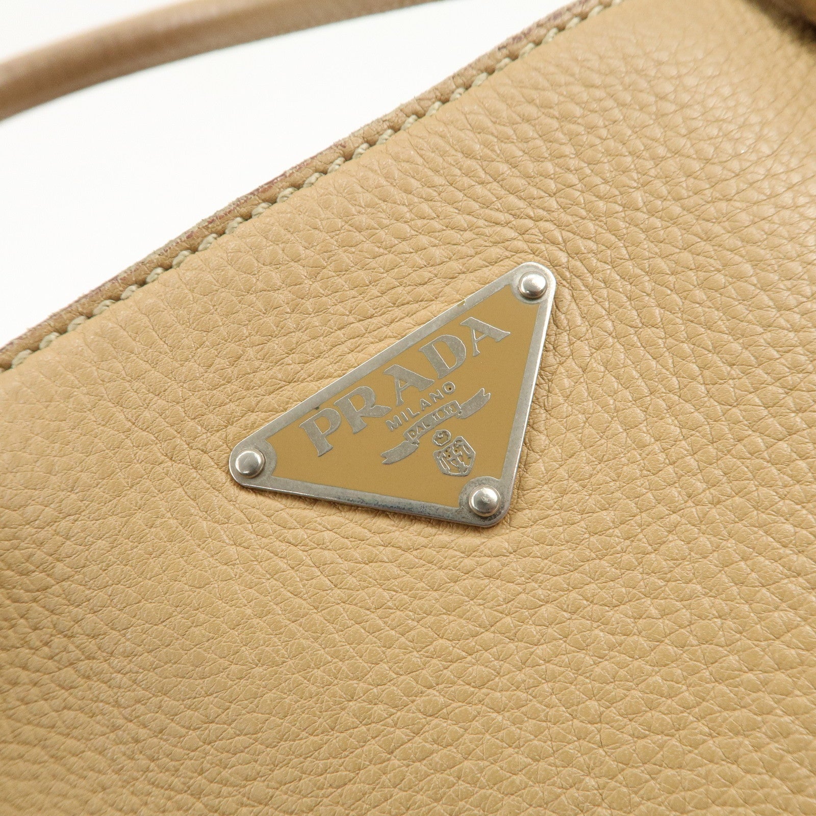 PRADA Triangle Logo Leather Shoulder Bag Hand Bag Beige