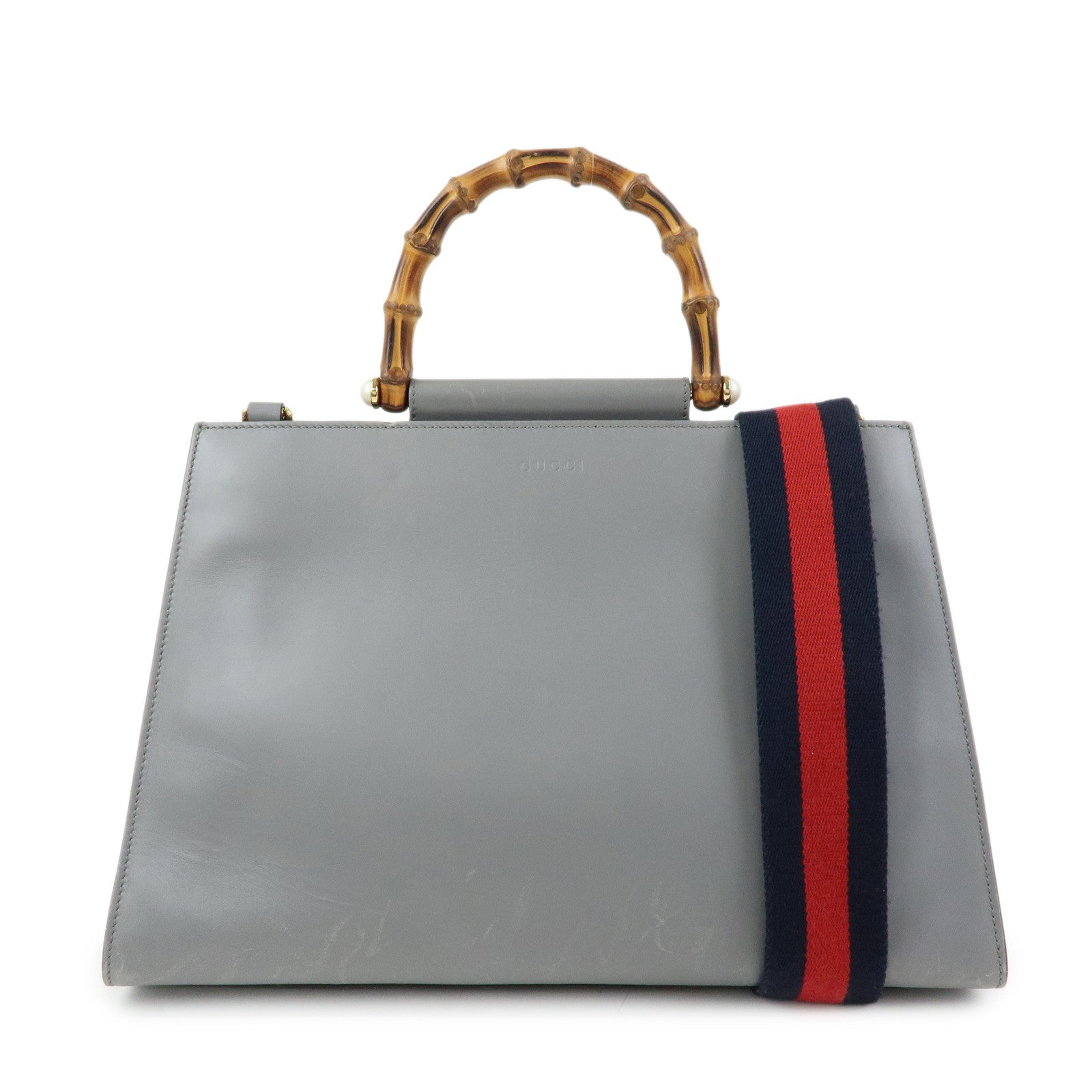 GUCCI Sherry Bamboo Nymphaea Leather 2Way Bag Gray White 453764