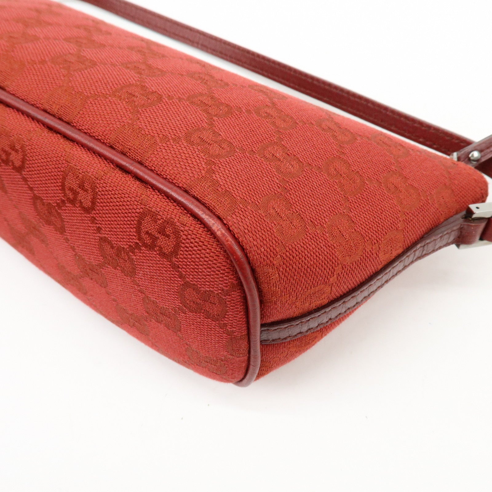 GUCCI Boat Bag GG Canvas Leather Accessory Pouch Hand Bag Red 07198