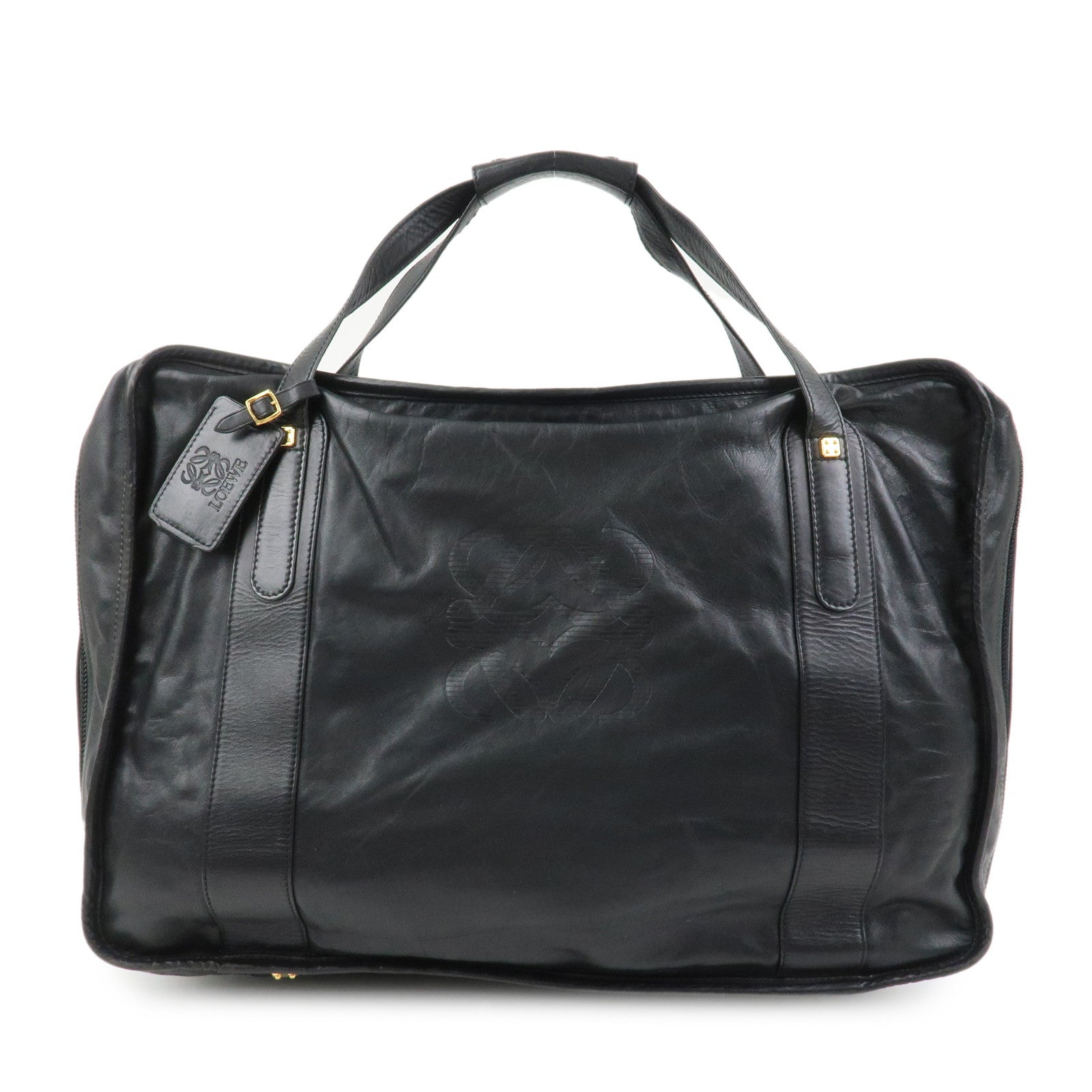 LOEWE Anagram Leather Boston Bag Hand Bag Travel Bag Black