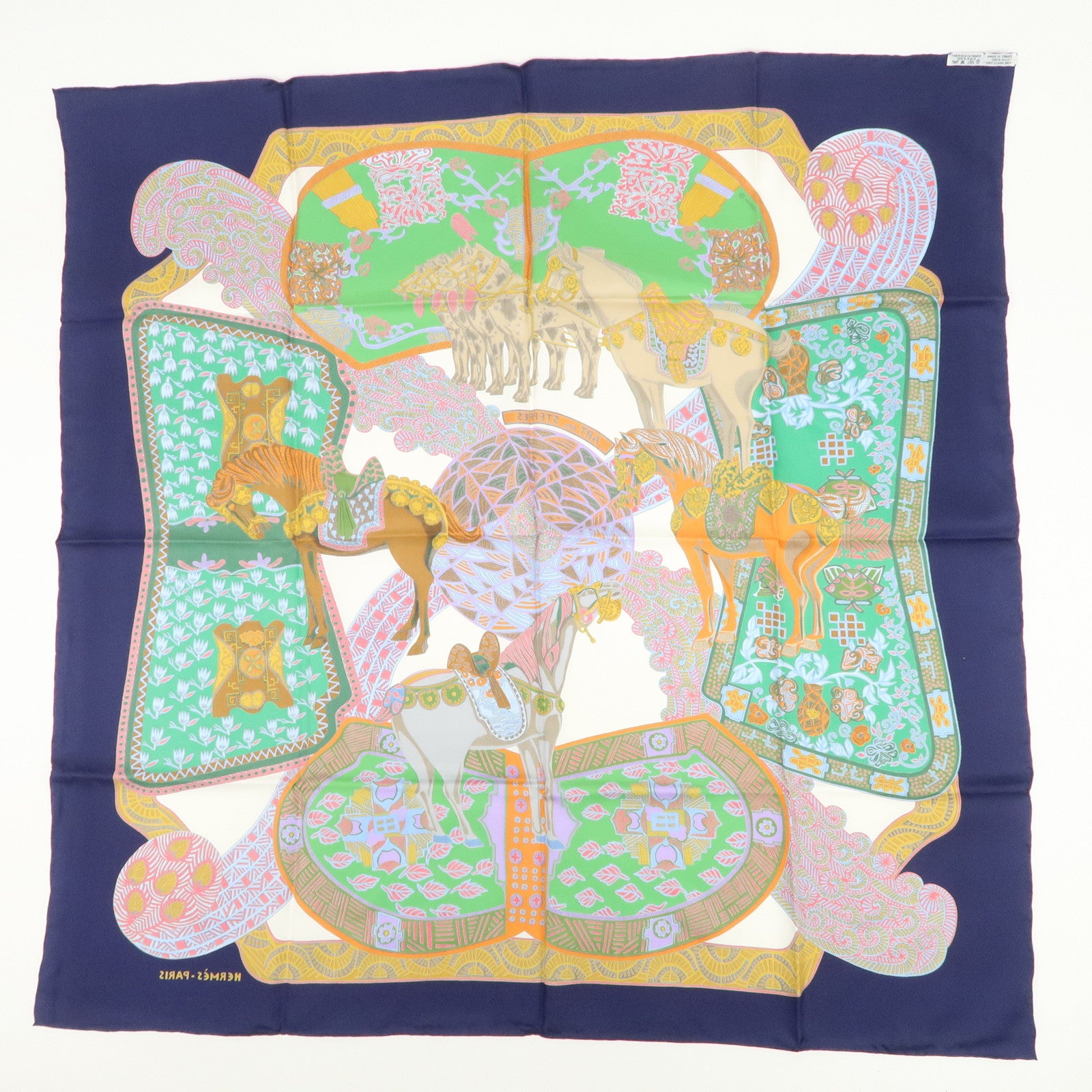 HERMES HERMES Carre 90 Silk 100% Scarf ART des STEPPES Navy