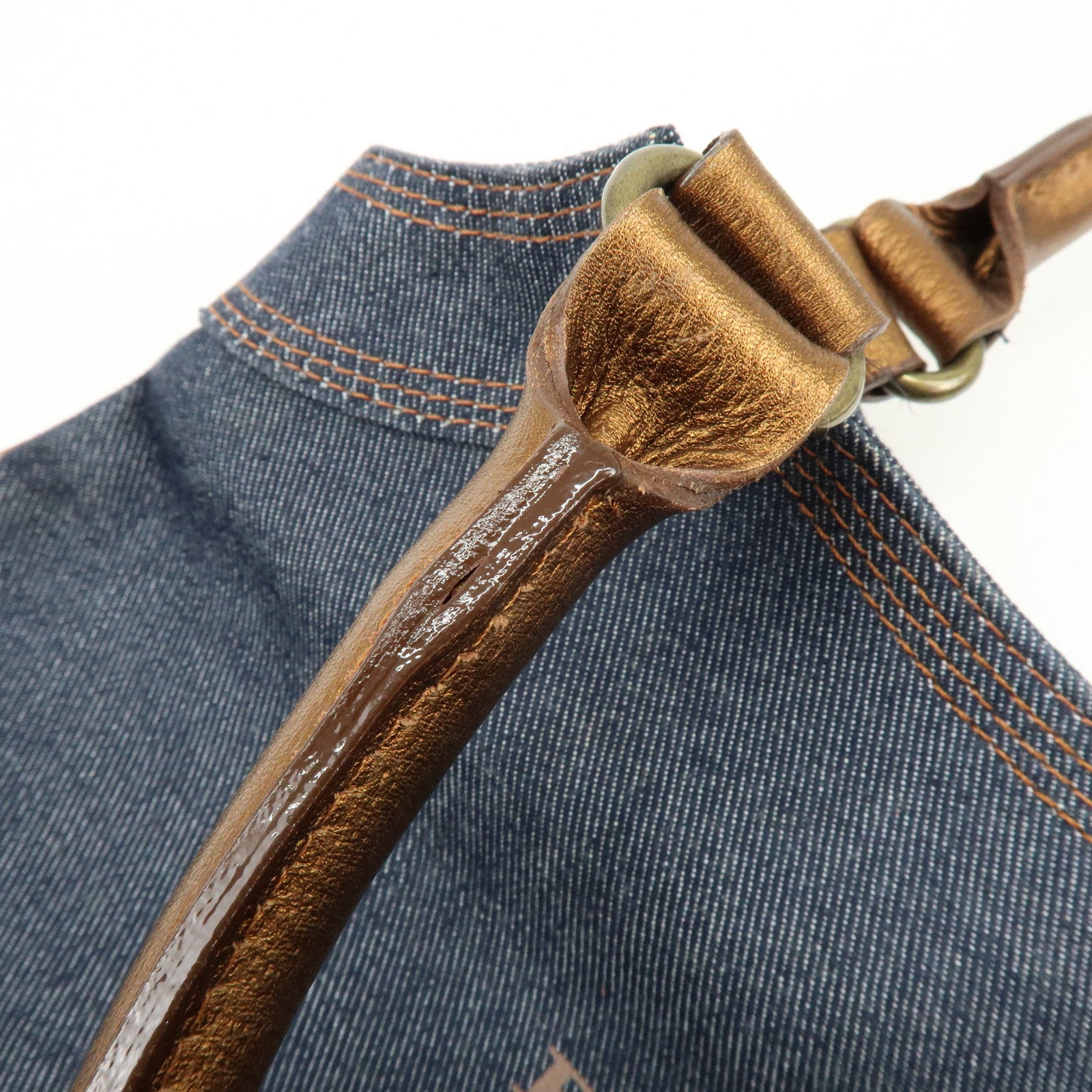 BURBERRY Blue Label Denim Leather Tote Bag Indigo Metallic Brown