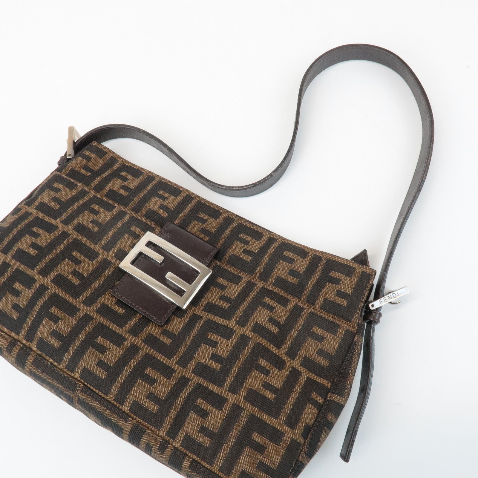 FENDI Zucca Canvas Leather Semi Shoulder Bag Black Brown 26566