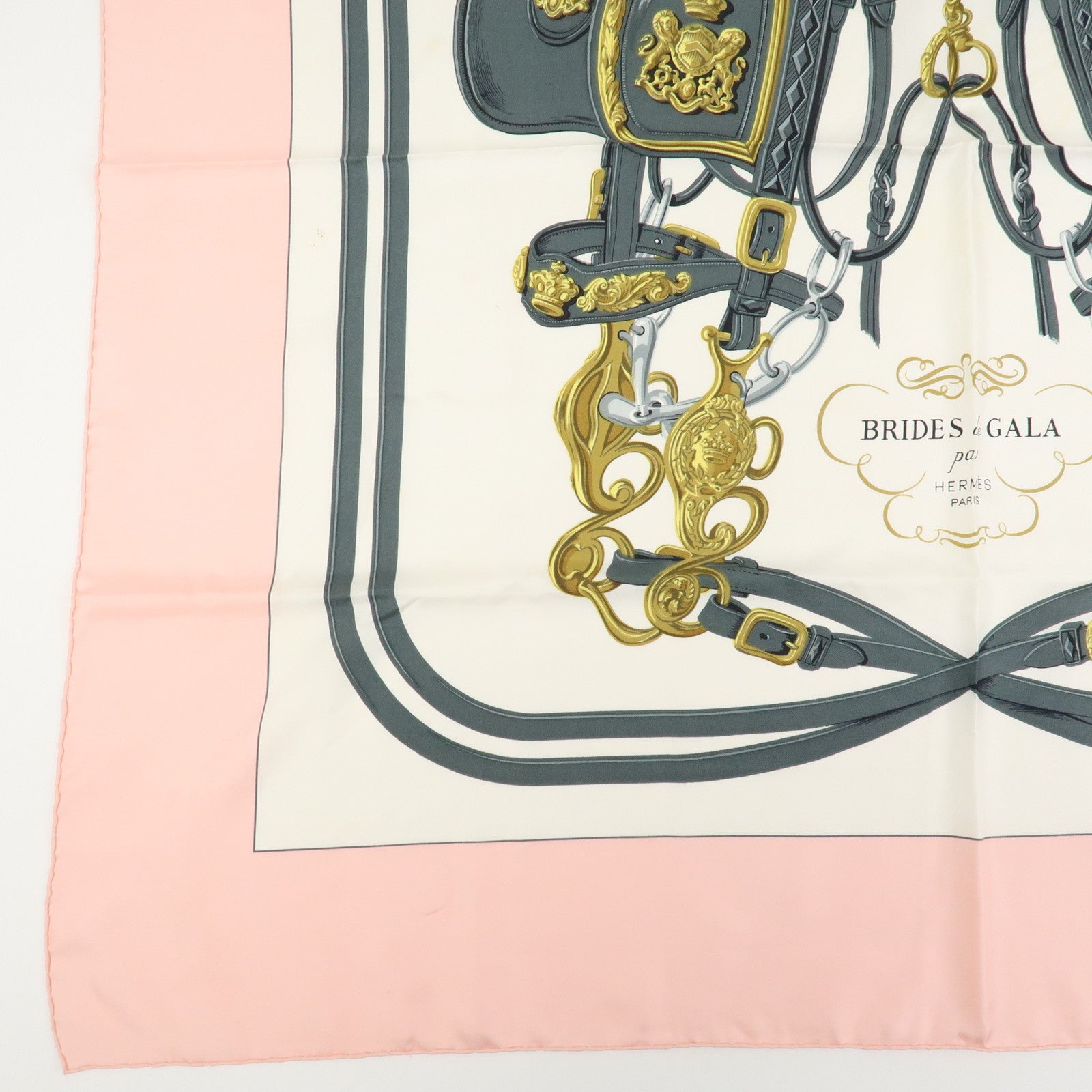 HERMES Carre 90 Silk 100% Scarf BRIDES DE GALA White Pink