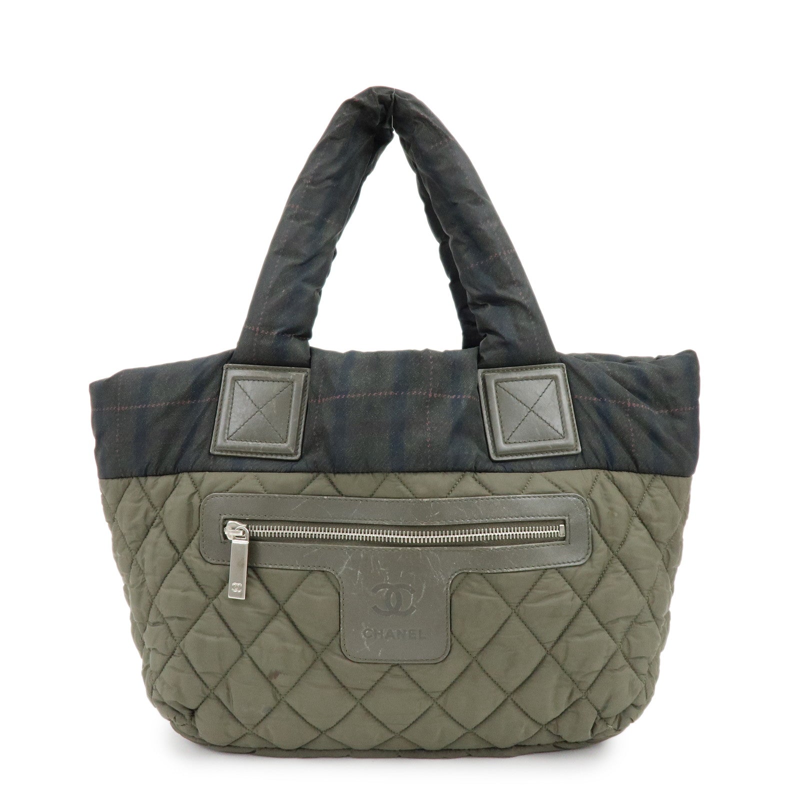 CHANEL COCO Cocoon PM Nylon Tote Bag Dark Green Plaid A48610