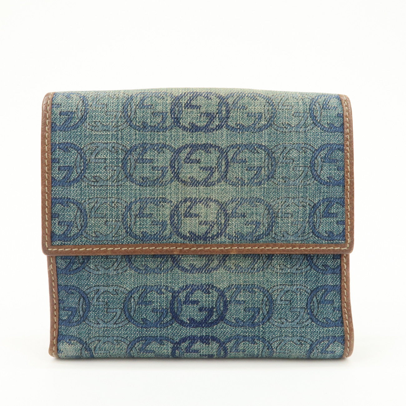 GUCCI Denim Leather Bi-Fold Compact Wallet Blue Brown