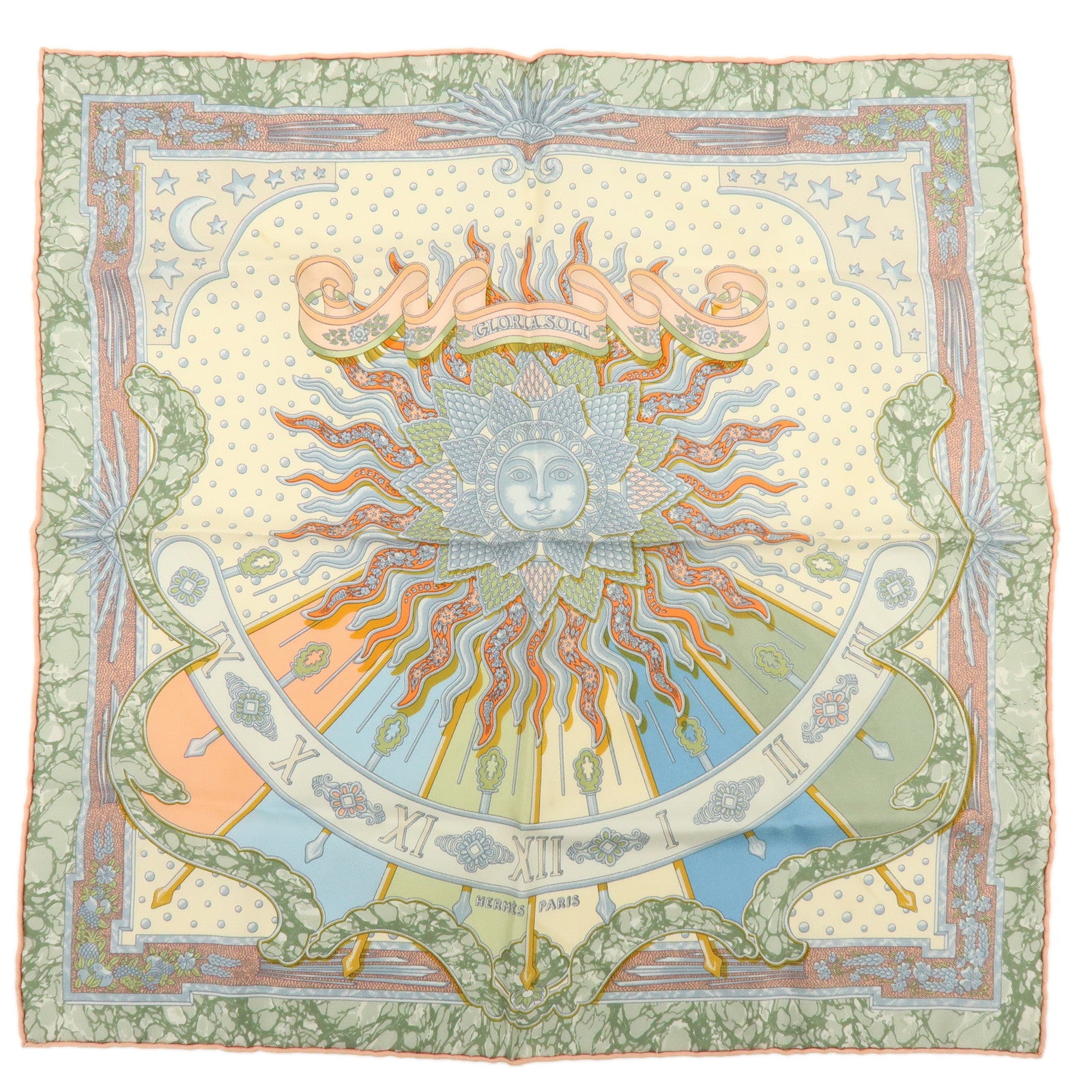 HERMES Carre 40 Silk 100% GLORIA SOLI Scarf Ivory Green Multicolor