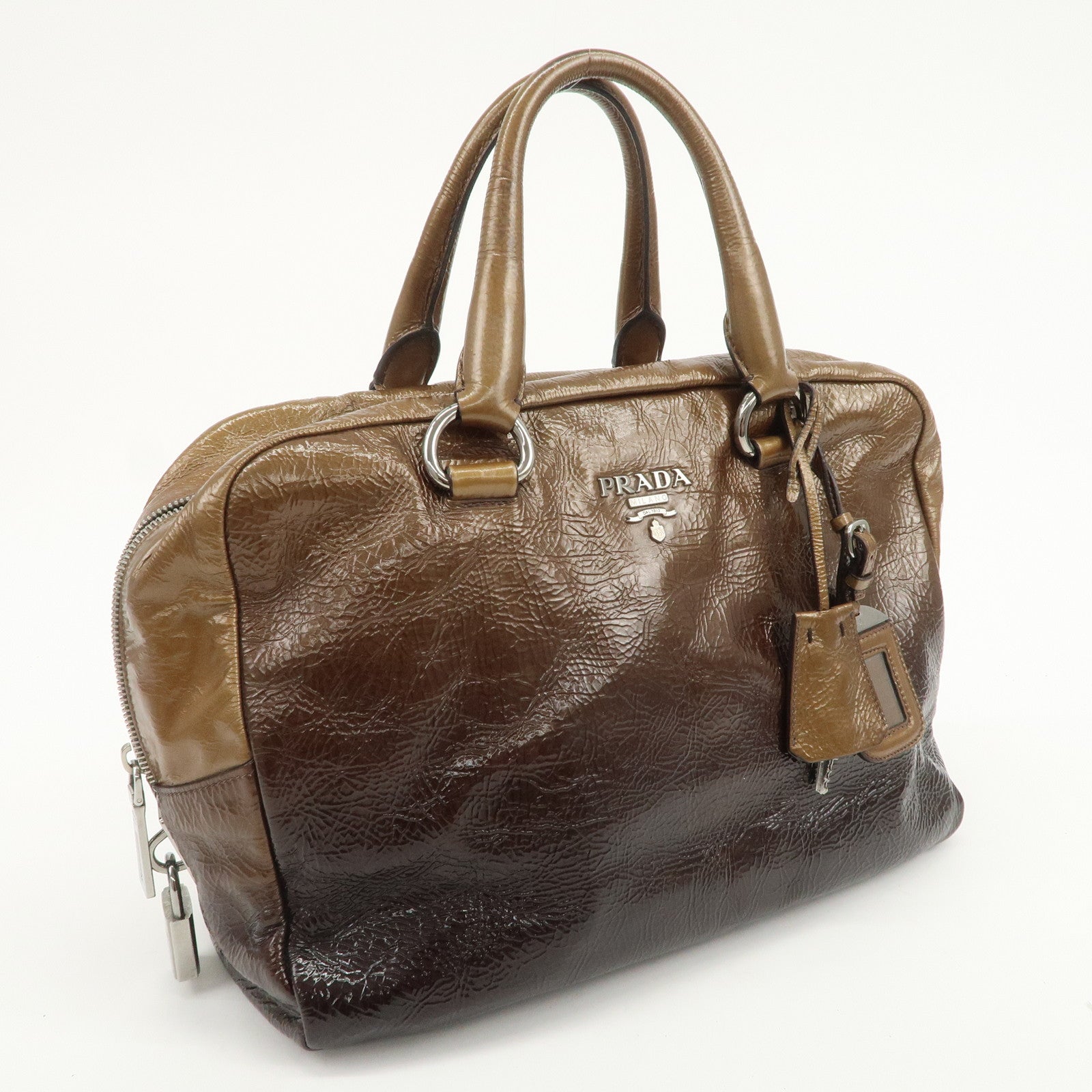 PRADA Logo Patent Leather Hand Bag Boston Bag Brown BL0555