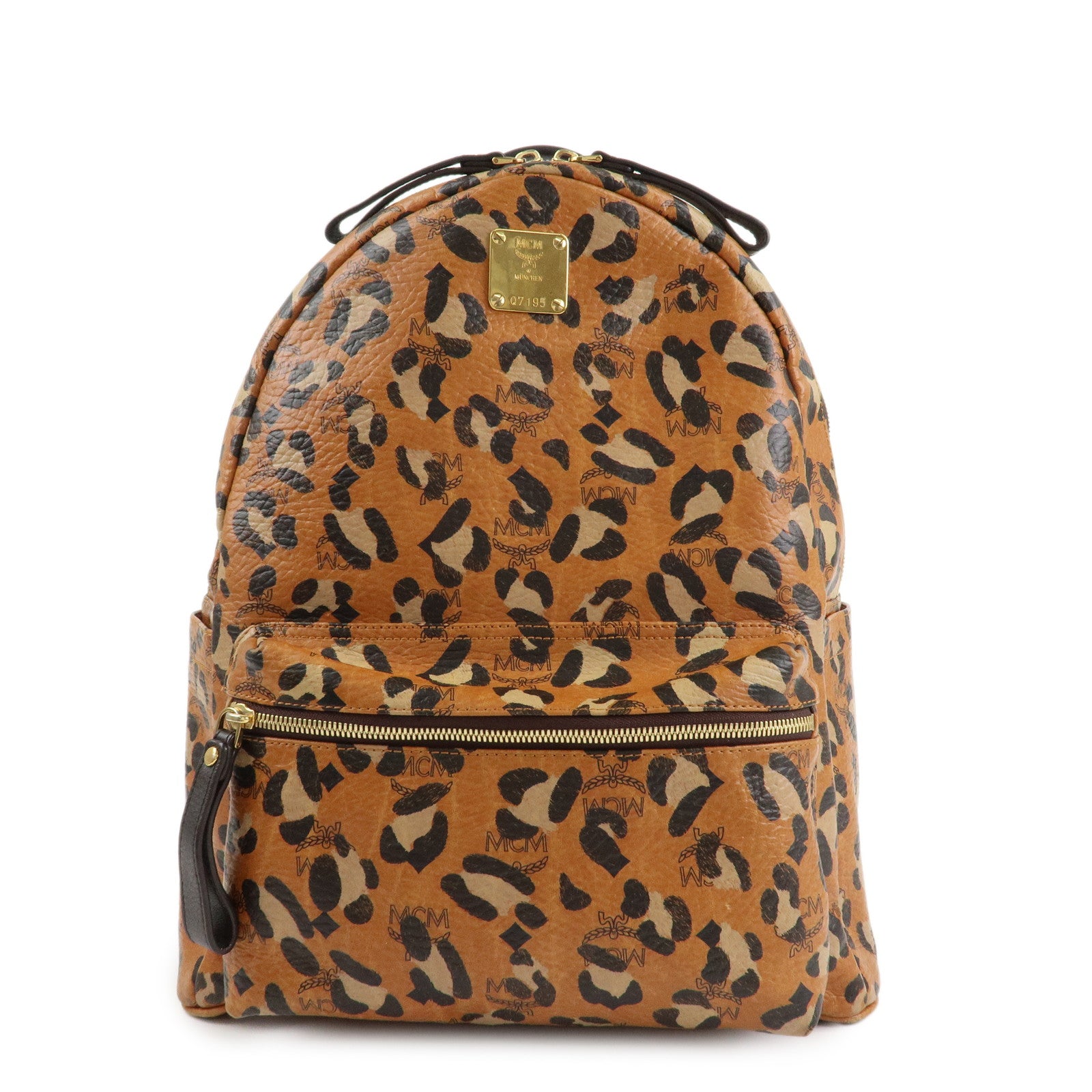 MCM Visetos Leather Leopard Back Pack Black Beige Brown Gold HDW Used