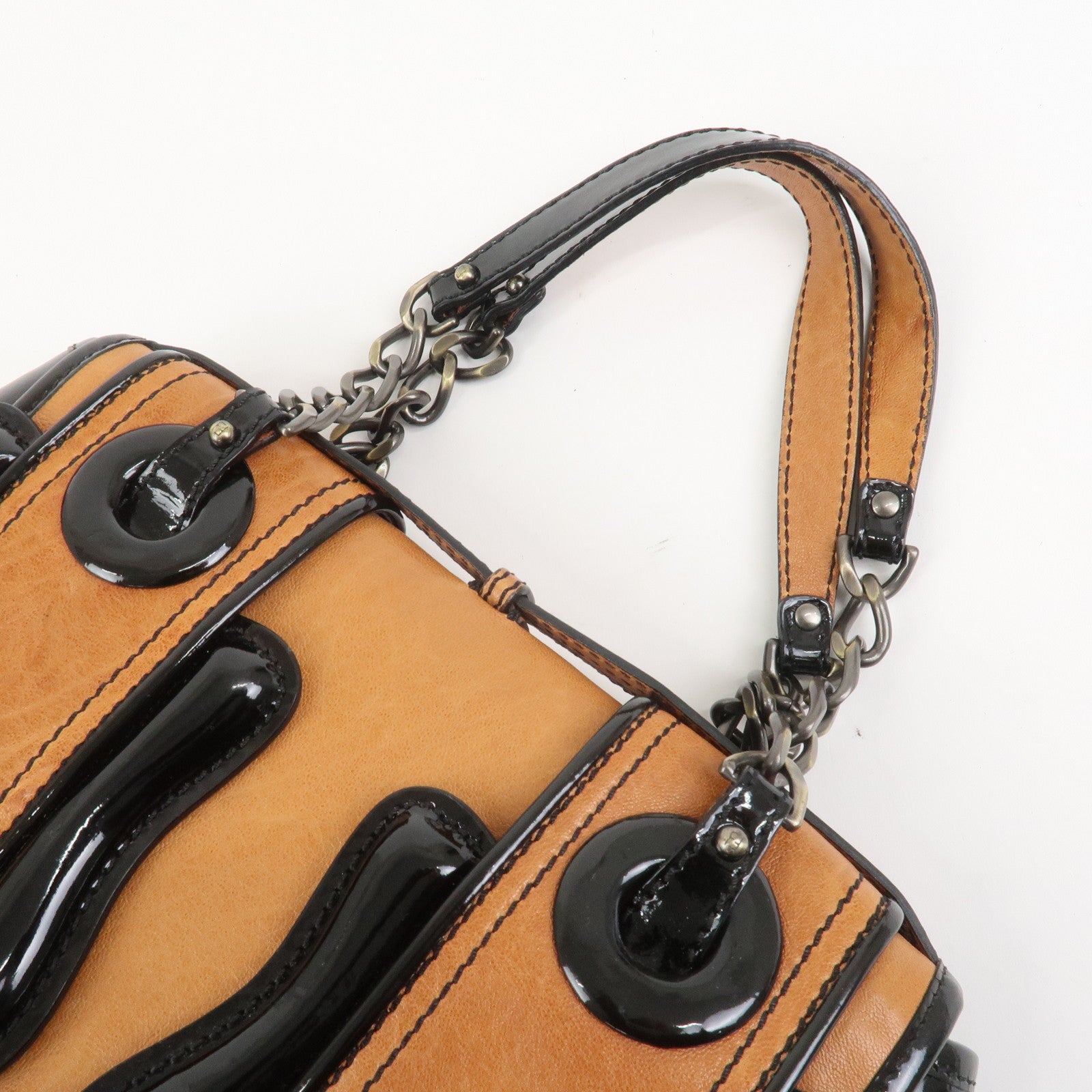 FENDI Patent Leather Shoulder Bag Hand Bag Brown Black 8BN165