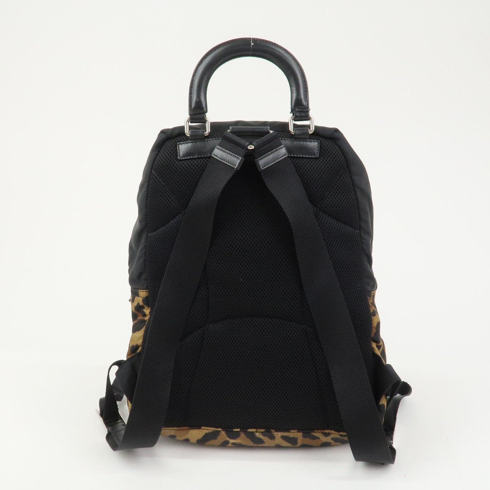 PRADA Nylon Leather Backpack Rucksack Leopard Black 1BZ001