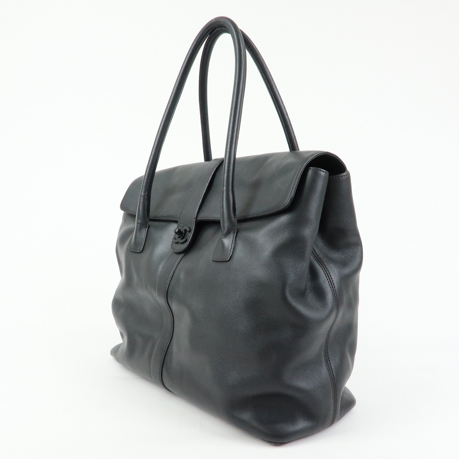 CHANEL COCO Mark Calf Leather Boston Bag Hand Bag Black